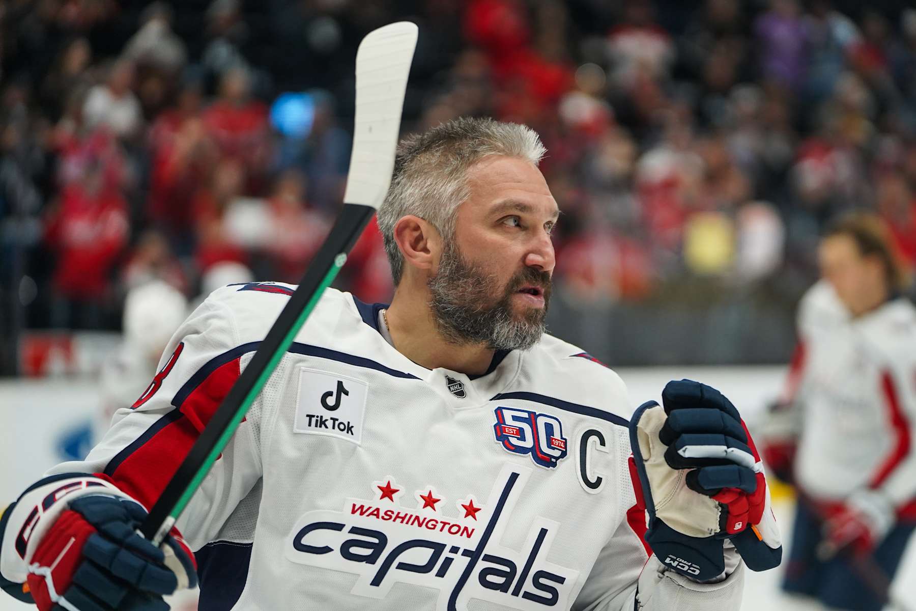 SALT LAKE CITY, UT - NOVEMBER 18: Washington Capitals Left Wing Alex Ovechkin (8) warms up before an NHL game between the Washington Capitals and the Utah Hockey Club on November 18, 2024 at the Delta Center in Salt Lake City, UT.(Photo by Aaron Baker/Icon Sportswire via Getty Images)