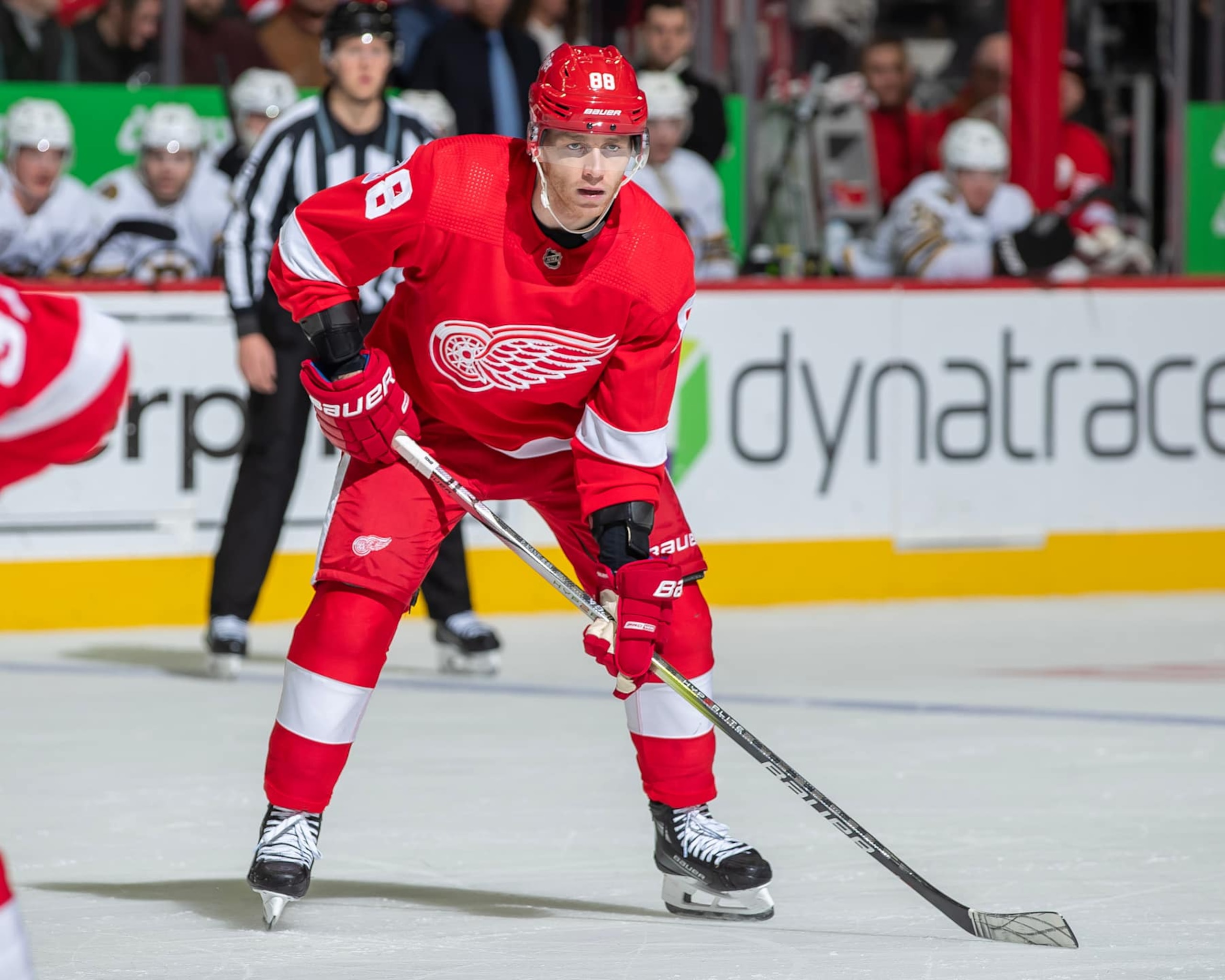 DETROIT, MI - DECEMBER 31: Patrick Kane #88 of the Detroit Red Wings gets set for the face-off against the Boston Bruins in the first period during the New Years Eve game at Little Caesars Arena on December 31, 2023 in Detroit, Michigan. Boston defeated Detroit 5-3. (Photo by Dave Reginek/NHLI via Getty Images)