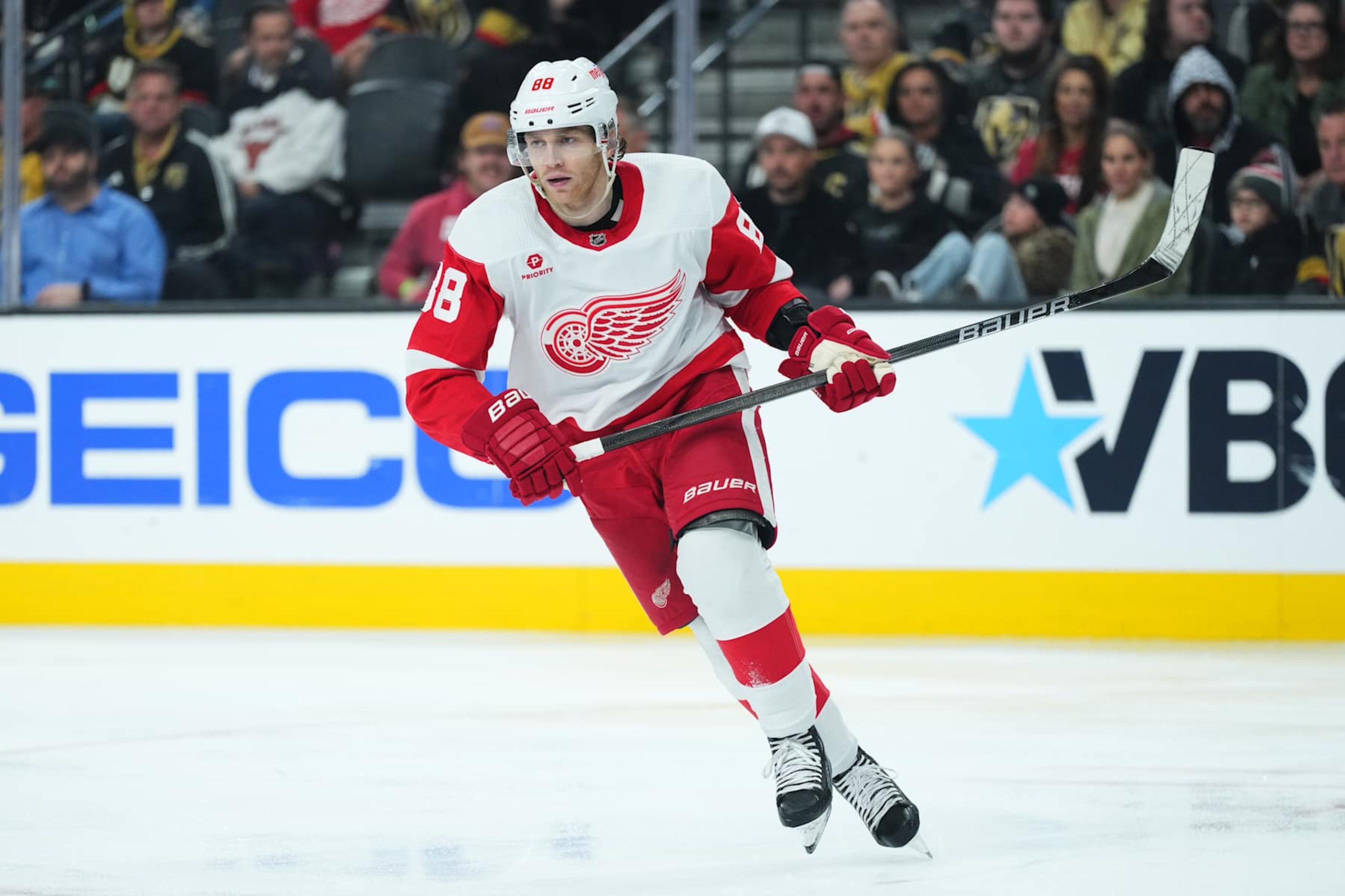 LAS VEGAS, NEVADA - MARCH 09: Patrick Kane #88 of the Detroit Red Wings skates during the third period against the Vegas Golden Knights at T-Mobile Arena on March 09, 2024 in Las Vegas, Nevada. (Photo by Jeff Bottari/NHLI via Getty Images) LAS VEGAS, NEVADA - MARCH 09: Patrick Kane #88 of the Detroit Red Wings skates during the third period against the Vegas Golden Knights at T-Mobile Arena on March 09, 2024 in Las Vegas, Nevada. (Photo by Jeff Bottari/NHLI via Getty Images)