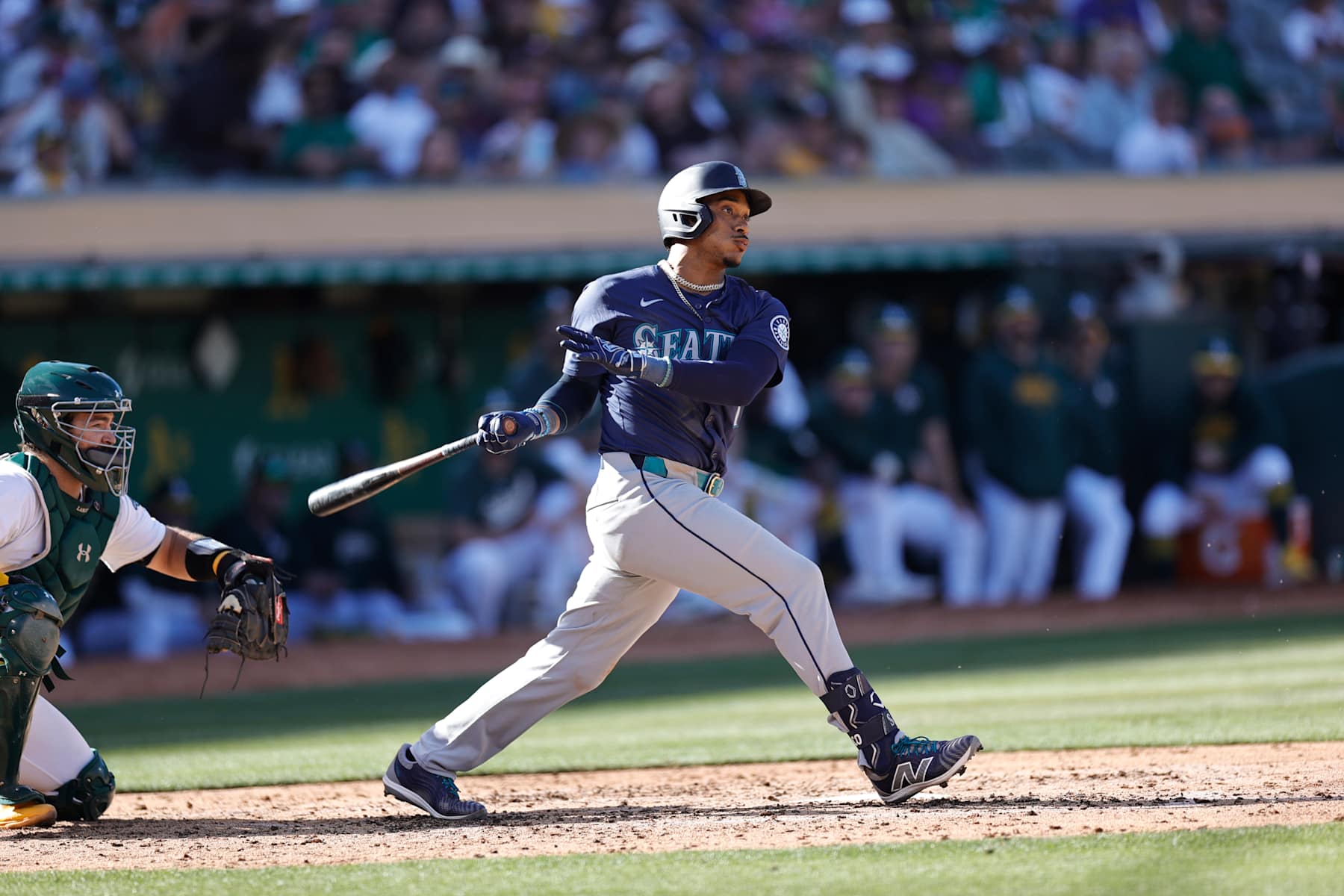 OAKLAND, CA - SEPTEMBER 2: Jorge Polanco #7 of the Seattle Mariners bats during the game against the Oakland Athletics at the Oakland Coliseum on September 2, 2024 in Oakland, California. The Athletics defeated the Mariners 5-4. (Photo by Michael Zagaris/Oakland Athletics/Getty Images)
