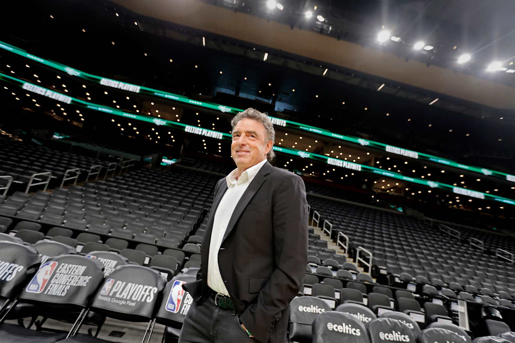 Boston, MA - June 4: Boston Celtics governor Wyc Grousbeck walks on the TD Garden floor, after participating in a press conference to discuss the city's plans for the 2024 NBA Finals. (Photo by Pat Greenhouse/The Boston Globe via Getty Images)