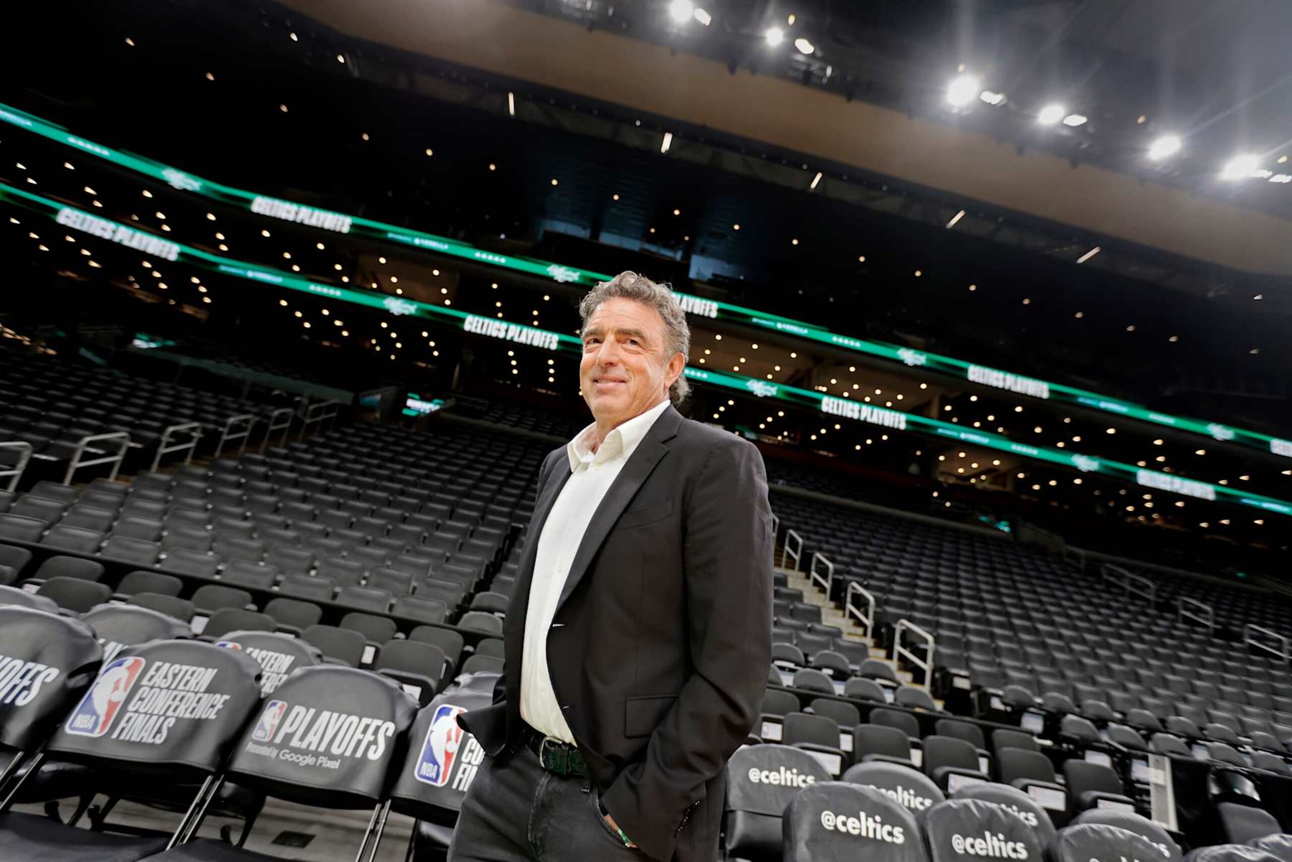 Boston, MA - June 4: Boston Celtics governor Wyc Grousbeck walks on the TD Garden floor, after participating in a press conference to discuss the city's plans for the 2024 NBA Finals. (Photo by Pat Greenhouse/The Boston Globe via Getty Images)