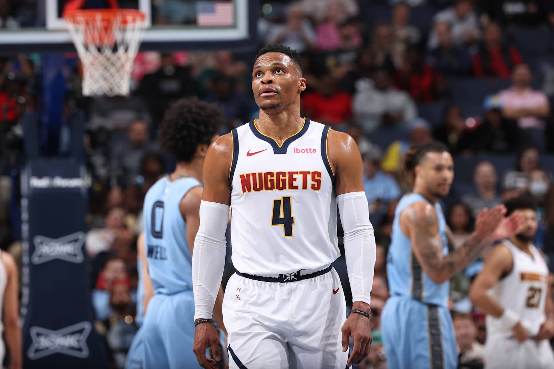 MEMPHIS, TN - NOVEMBER 19: Russell Westbrook #4 of the Denver Nuggets looks on during the game against the Memphis Grizzlies during the Emirates NBA Cup game on November 19, 2024 at FedExForum in Memphis, Tennessee. NOTE TO USER: User expressly acknowledges and agrees that, by downloading and or using this photograph, User is consenting to the terms and conditions of the Getty Images License Agreement. Mandatory Copyright Notice: Copyright 2024 NBAE (Photo by Joe Murphy/NBAE via Getty Images)