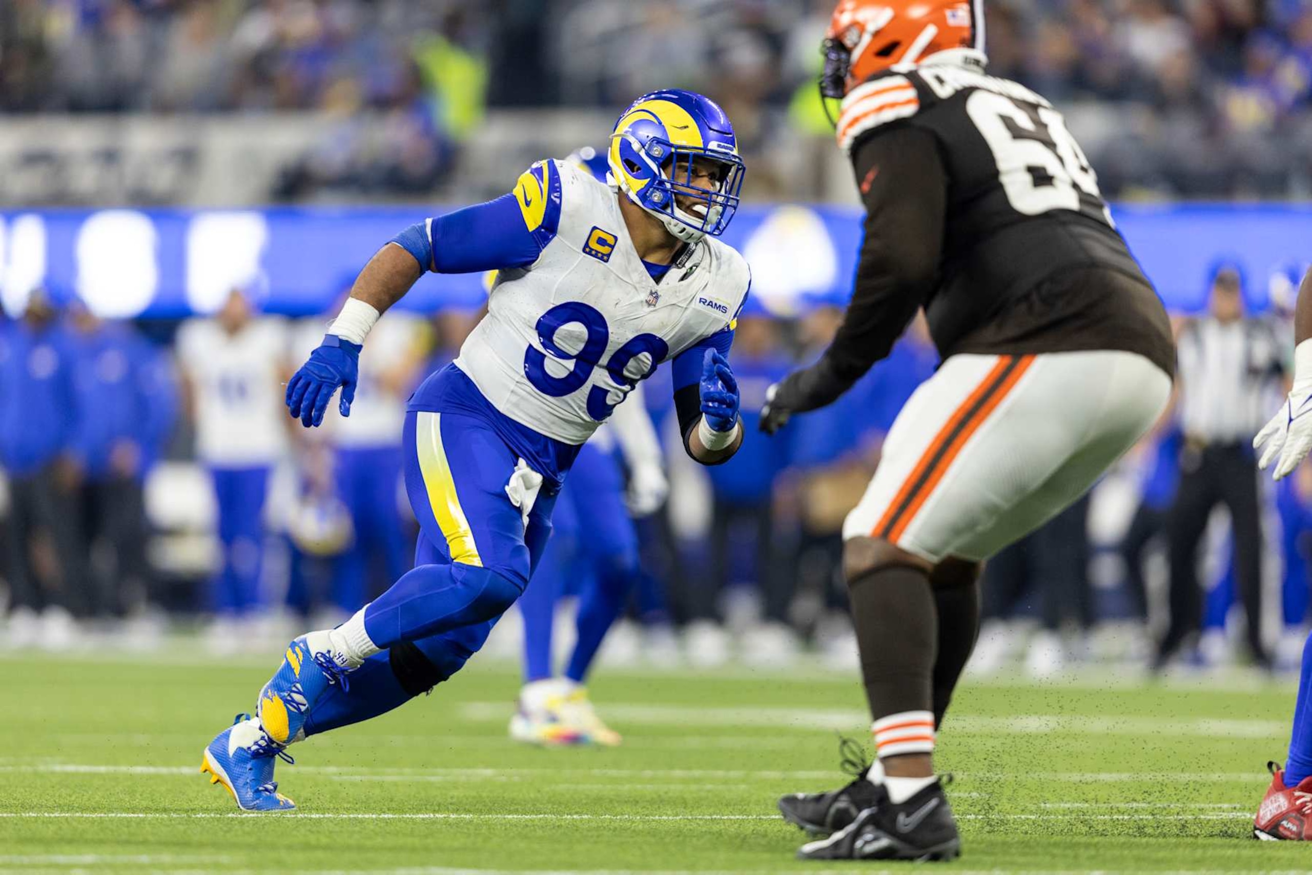 INGLEWOOD, CALIFORNIA - DECEMBER 03: Aaron Donald #99 of the Los Angeles Rams runs during an NFL football game between the Los Angeles Rams and the Cleveland Browns at SoFi Stadium on December 03, 2023 in Inglewood, California. (Photo by Michael Owens/Getty Images)