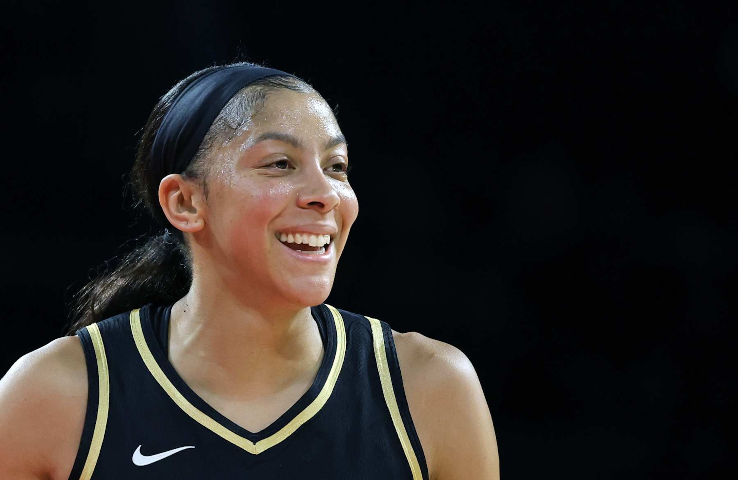 LAS VEGAS, NEVADA - JULY 01: Candace Parker #3 of the Las Vegas Aces reacts in the second quarter of a game against the Connecticut Sun at Michelob ULTRA Arena on July 01, 2023 in Las Vegas, Nevada. The Aces defeated the Sun 102-84. NOTE TO USER: User expressly acknowledges and agrees that, by downloading and or using this photograph, User is consenting to the terms and conditions of the Getty Images License Agreement. (Photo by Ethan Miller/Getty Images)