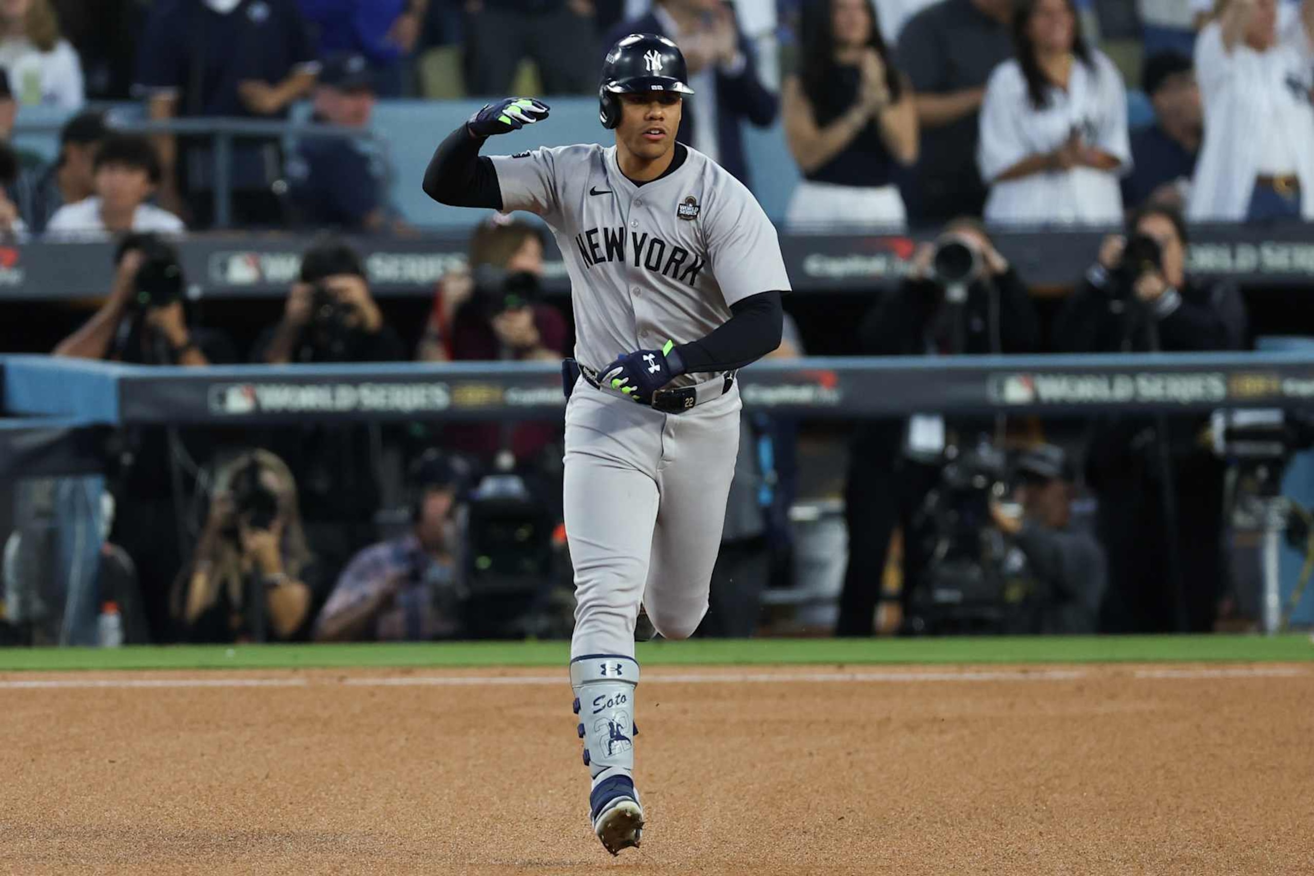 LOS ANGELES, CA - OCTOBER 26:   Juan Soto #22 of the New York Yankees rounds the bases after hitting a solo home run in the third inning during Game 2 of the 2024 World Series presented by Capital One between the New York Yankees and the Los Angeles Dodgers at Dodger Stadium on Saturday, October 26, 2024 in Los Angeles, California. (Photo by Rob Leiter/MLB Photos via Getty Images)