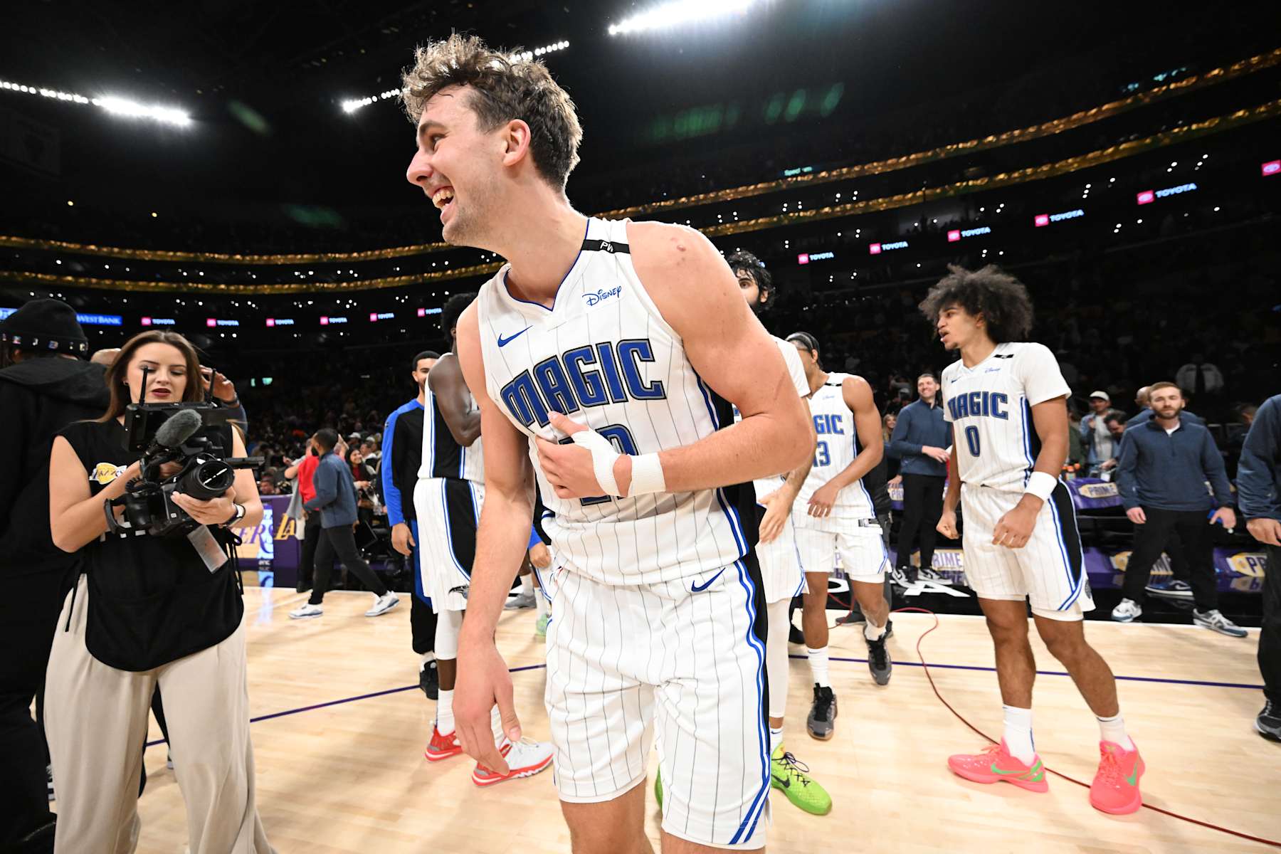 LOS ANGELES, CA - NOVEMBER 21: Franz Wagner #22 of the Orlando Magic smiles after the game against the Los Angeles Lakers on November 21, 2024 at Crypto.Com Arena in Los Angeles, California. NOTE TO USER: User expressly acknowledges and agrees that, by downloading and/or using this Photograph, user is consenting to the terms and conditions of the Getty Images License Agreement. Mandatory Copyright Notice: Copyright 2024 NBAE (Photo by Adam Pantozzi/NBAE via Getty Images)