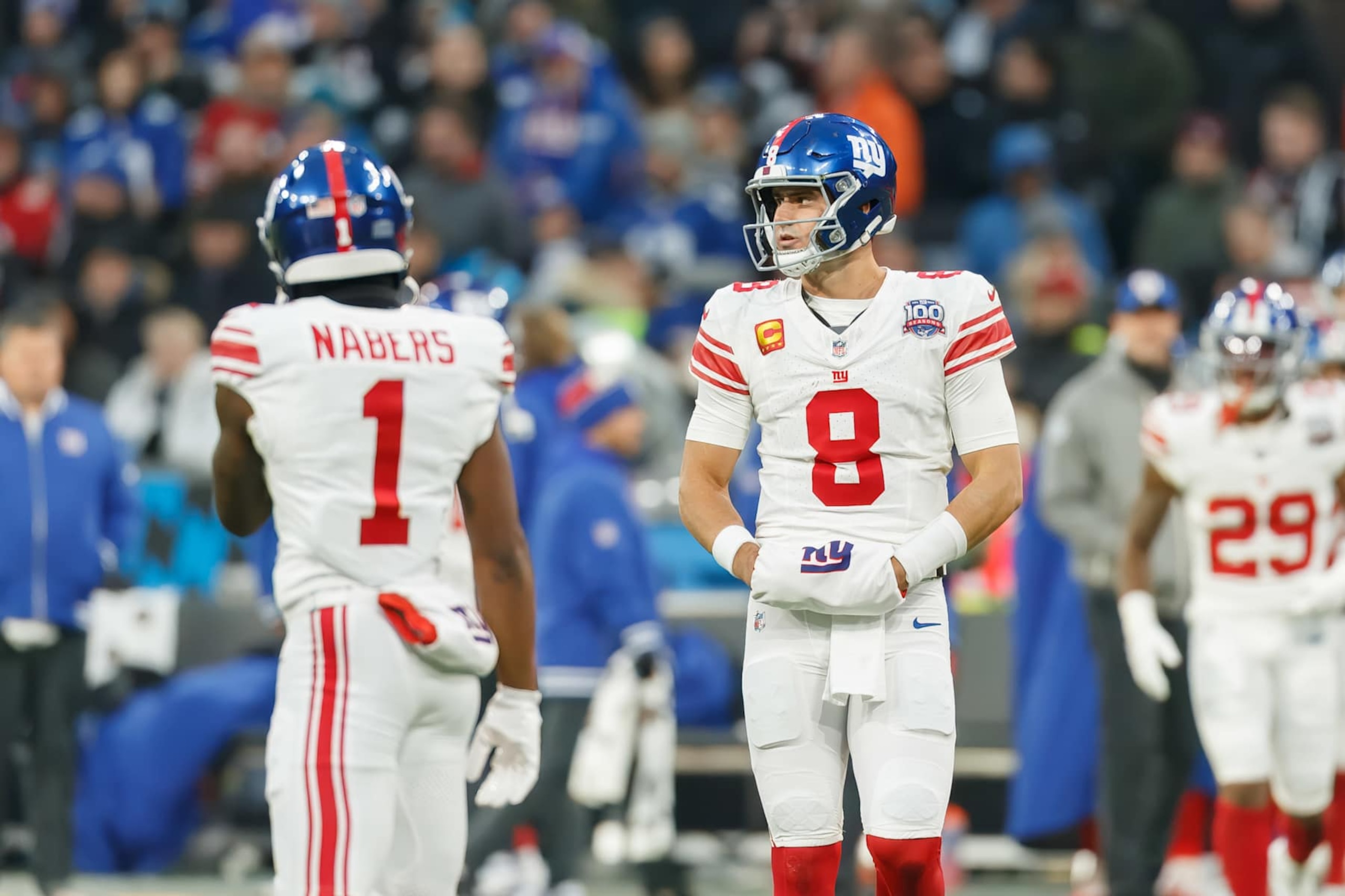 Munich, Germany - November 10: Daniel Jones of New York Giants looks on during the NFL Munich Game 2024 between New York Giants and Carolina Panthers at Allianz Arena on November 10, 2024 in Munich, Germany. (Photo by Mario Hommes/DeFodi Images via Getty Images)
