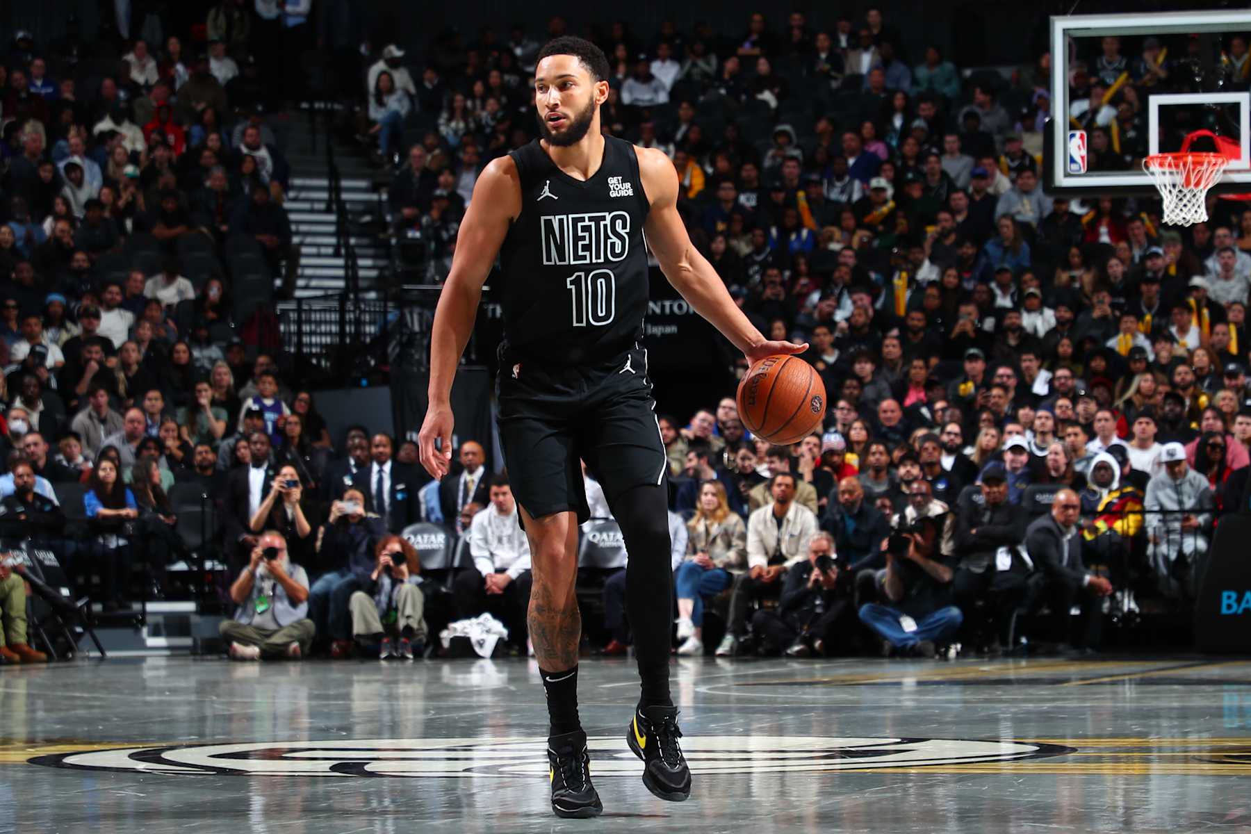 BROOKLYN, NY - NOVEMBER 19: Ben Simmons #10 of the Brooklyn Nets dribbles the ball during the game against the Charlotte Hornets during an Emirates NBA Cup game on November 19, 2024 at Barclays Center in Brooklyn, New York. NOTE TO USER: User expressly acknowledges and agrees that, by downloading and or using this Photograph, user is consenting to the terms and conditions of the Getty Images License Agreement. Mandatory Copyright Notice: Copyright 2024 NBAE (Photo by David L. Nemec/NBAE via Getty Images)