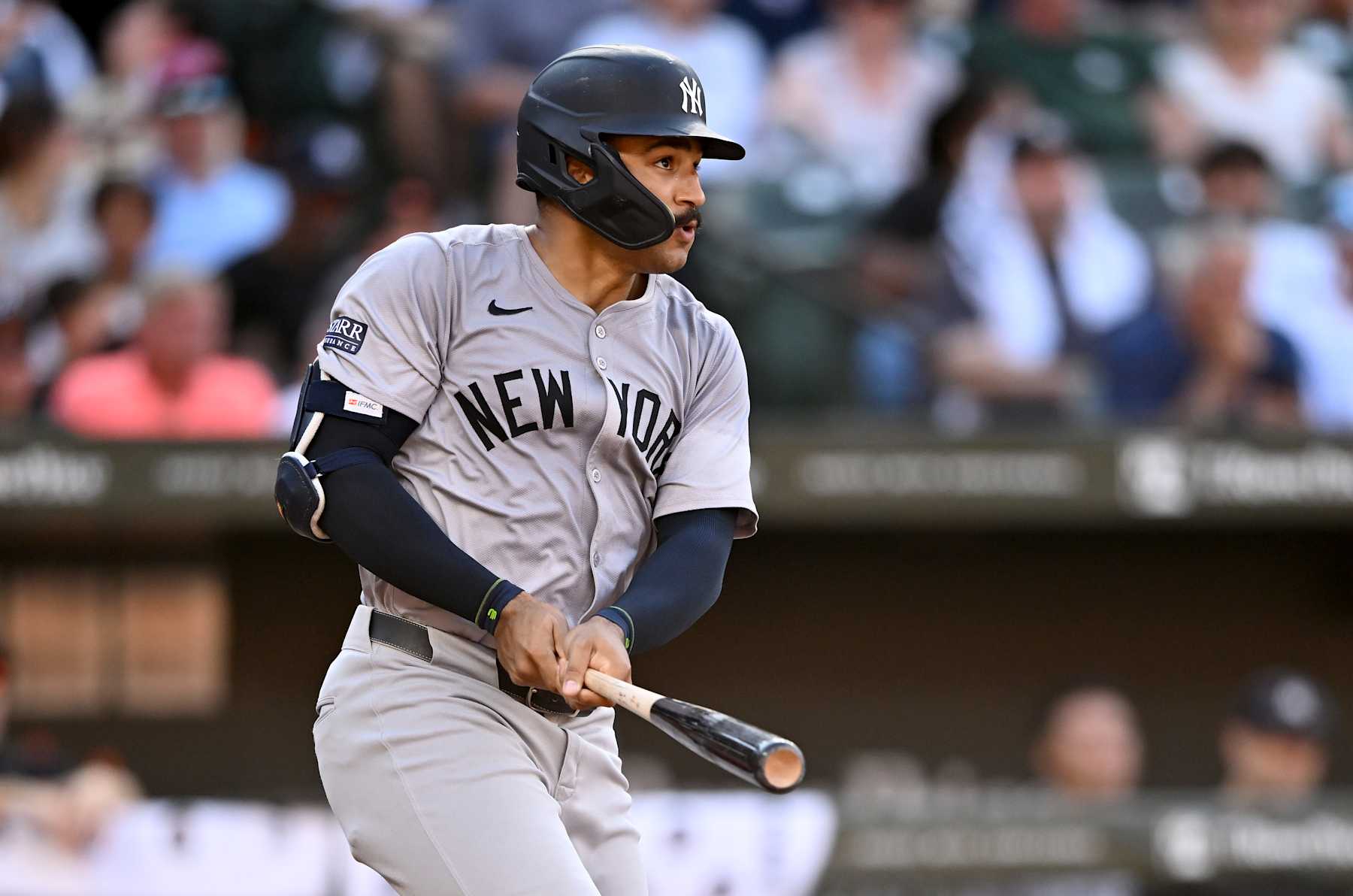 BALTIMORE, MARYLAND - JULY 13: Trent Grisham #12 of the New York Yankees bats against the Baltimore Orioles at Oriole Park at Camden Yards on July 13, 2024 in Baltimore, Maryland. (Photo by G Fiume/Getty Images)