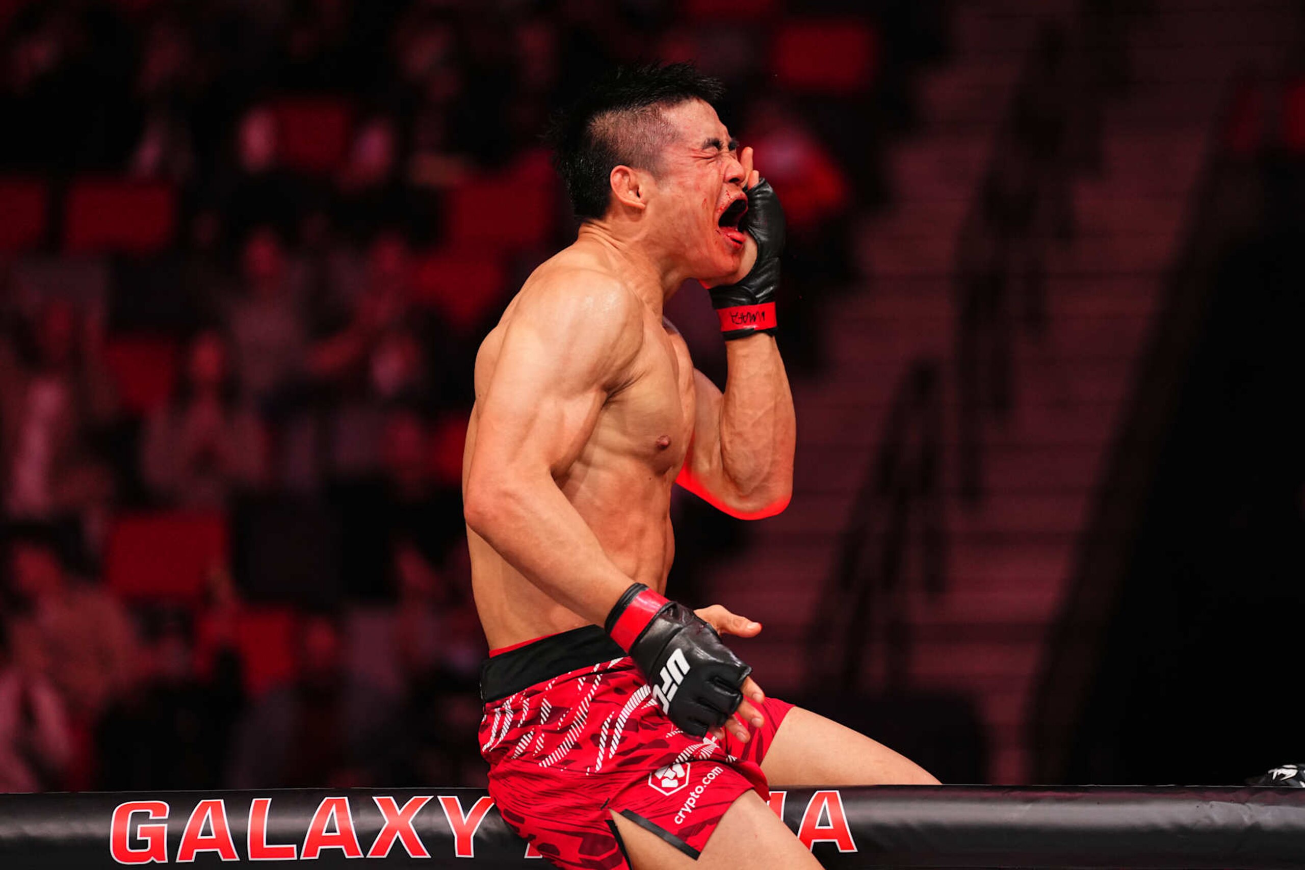 MACAU, CHINA - NOVEMBER 23:  Xiao Long of China reacts after his KO victory over Quang Le of Vietnam in their bantamweight fight during the UFC Fight Night event at Galaxy Arena on November 23, 2024 in Macau, China. (Photo by Jeff Bottari/Zuffa LLC)