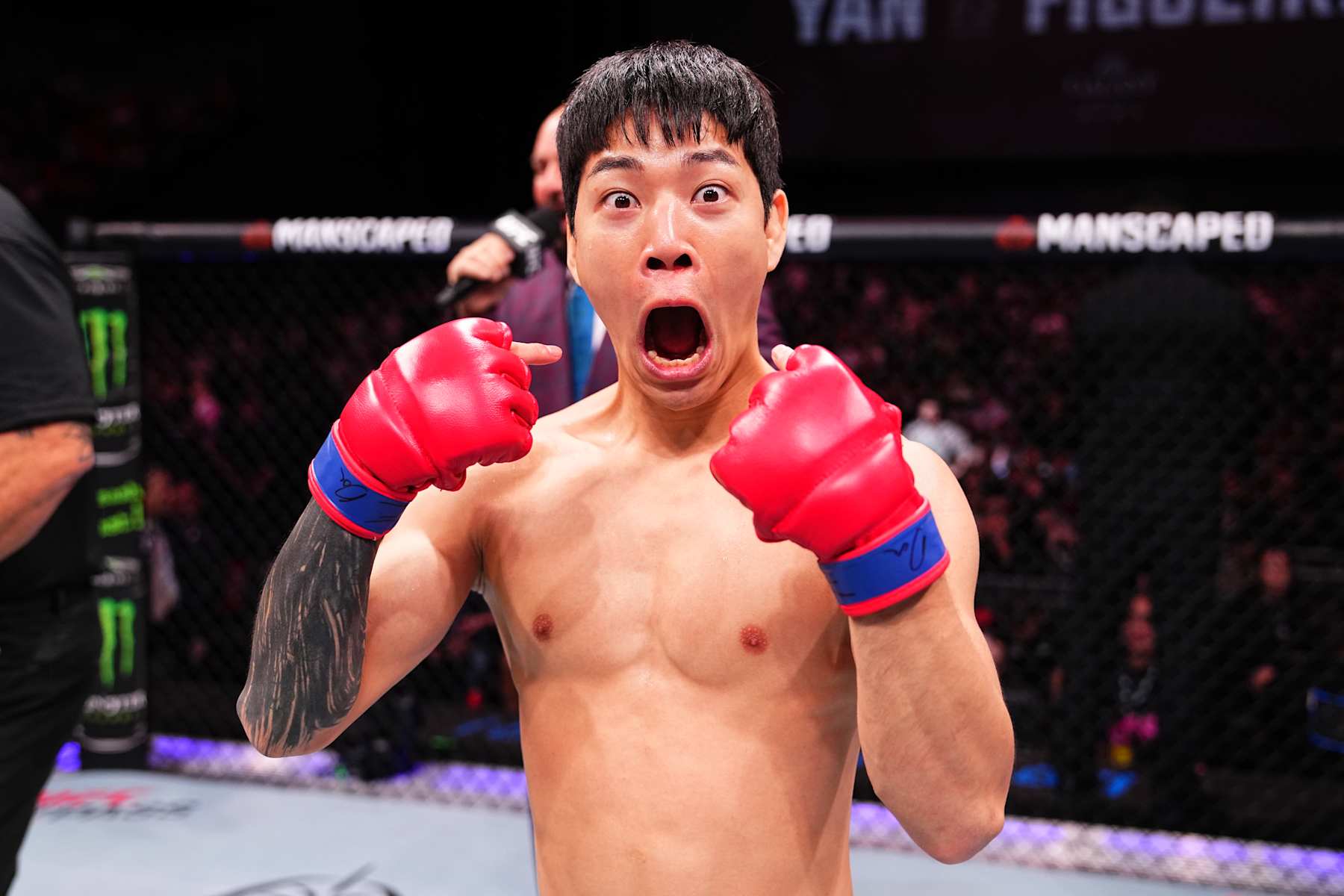 MACAU, CHINA - NOVEMBER 23: DongHun Choi of South Korea reacts after his KO victory over Kiru Singh Sahota of England in their flyweight RTU Tournament Final fight during the UFC Fight Night event at Galaxy Arena on November 23, 2024 in Macau, China. (Photo by Jeff Bottari/Zuffa LLC)