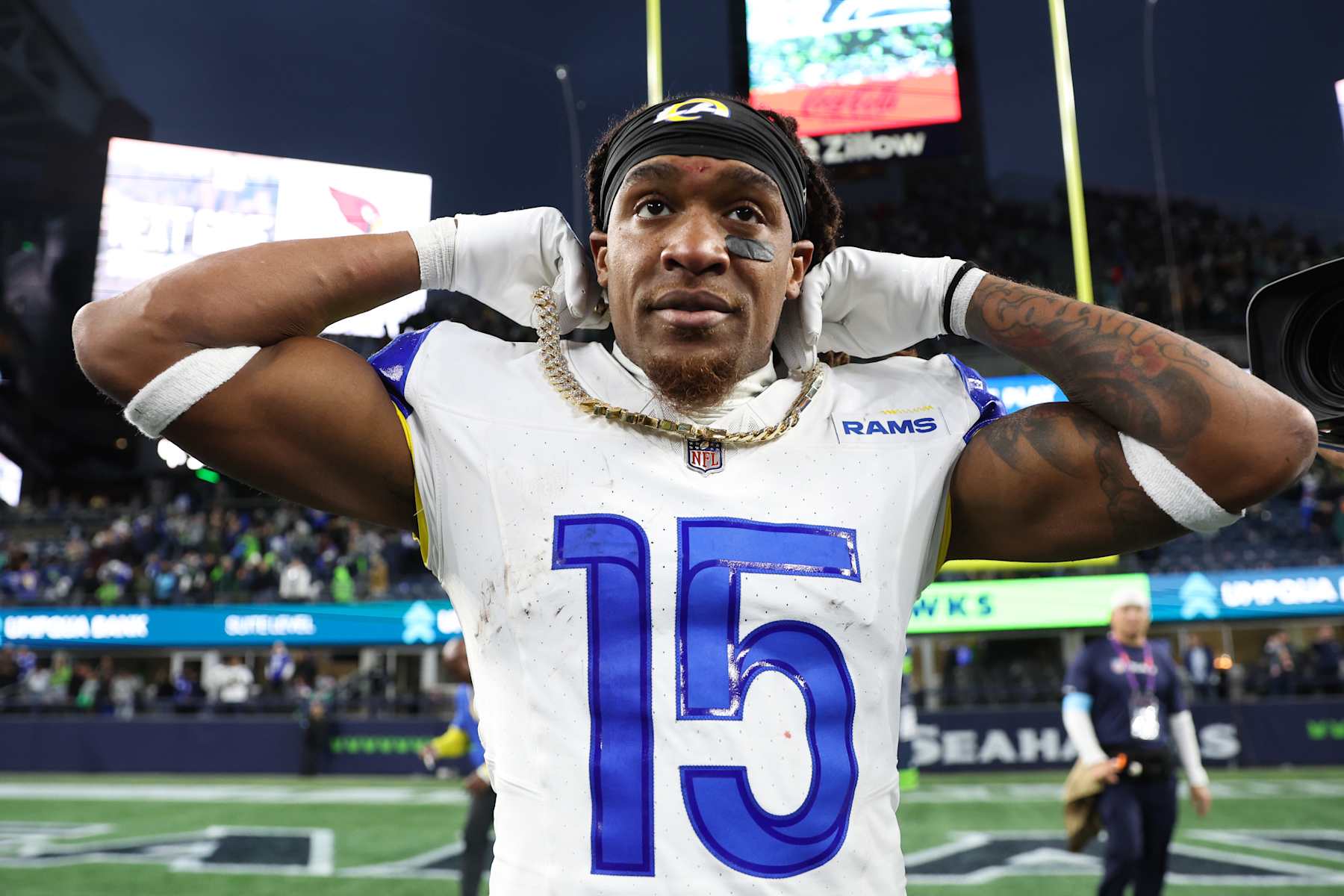 SEATTLE, WASHINGTON - NOVEMBER 03: Demarcus Robinson #15 of the Los Angeles Rams celebrates after catching the game-winning touchdown to beat the Seattle Seahawks 26-20 in overtime at Lumen Field on November 03, 2024 in Seattle, Washington. (Photo by Steph Chambers/Getty Images)