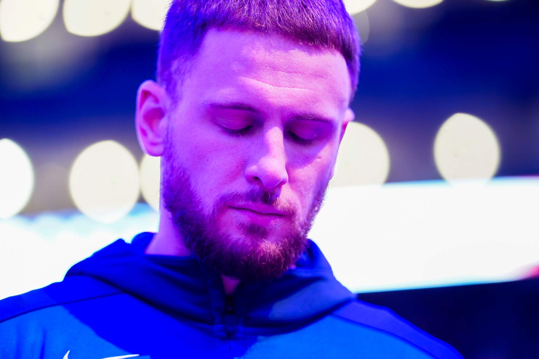 TORONTO, CANADA - NOVEMBER 21: Donte DiVincenzo #0 of the Minnesota Timberwolves listens to the national anthem before the game against the Toronto Raptors on November 21, 2024 at the Scotiabank Arena in Toronto, Ontario, Canada.  NOTE TO USER: User expressly acknowledges and agrees that, by downloading and or using this Photograph, user is consenting to the terms and conditions of the Getty Images License Agreement.  Mandatory Copyright Notice: Copyright 2024 NBAE (Photo by Mark Blinch/NBAE via Getty Images)