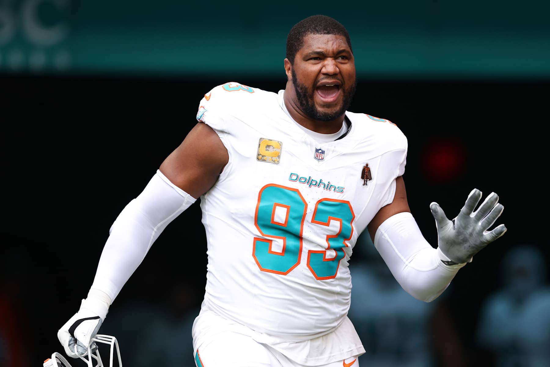 MIAMI GARDENS, FLORIDA - NOVEMBER 17: Calais Campbell #93 of the Miami Dolphins is introduced prior to a game against the Las Vegas Raiders at Hard Rock Stadium on November 17, 2024 in Miami Gardens, Florida. (Photo by Megan Briggs/Getty Images)