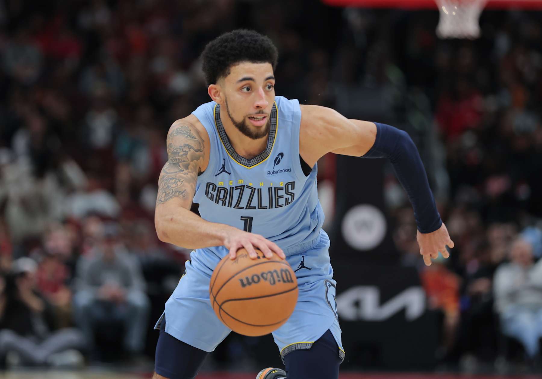 CHICAGO, IL - NOVEMBER 23: Scotty Pippen Jr. #1 of the Memphis Grizzlies drives to the basket during the second half against the Chicago Bulls on November, 23, 2024 at the United Center in Chicago, Illinois. (Photo by Melissa Tamez/Icon Sportswire via Getty Images)