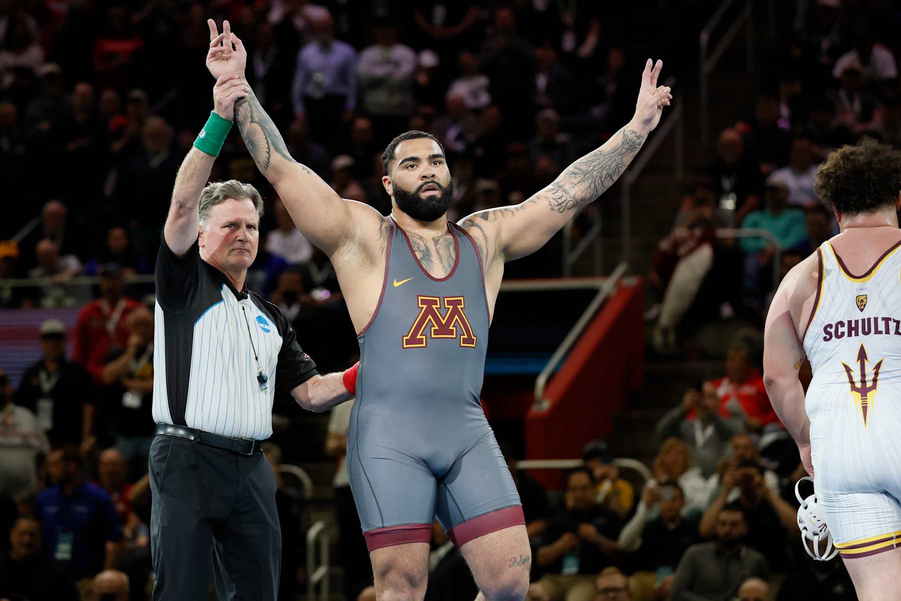 DETROIT, MI - MARCH 19: Gable Steveson of the Minnesota Golden Gophers defeats Cohlton Schultz of the Arizona State Sun Devils in the 285-pound final match during the Division I Mens Wrestling Championship held at Little Caesars Arena on March 19, 2022 in Detroit, Michigan. (Photo by Jay LaPrete/NCAA Photos/NCAA Photos via Getty Images)