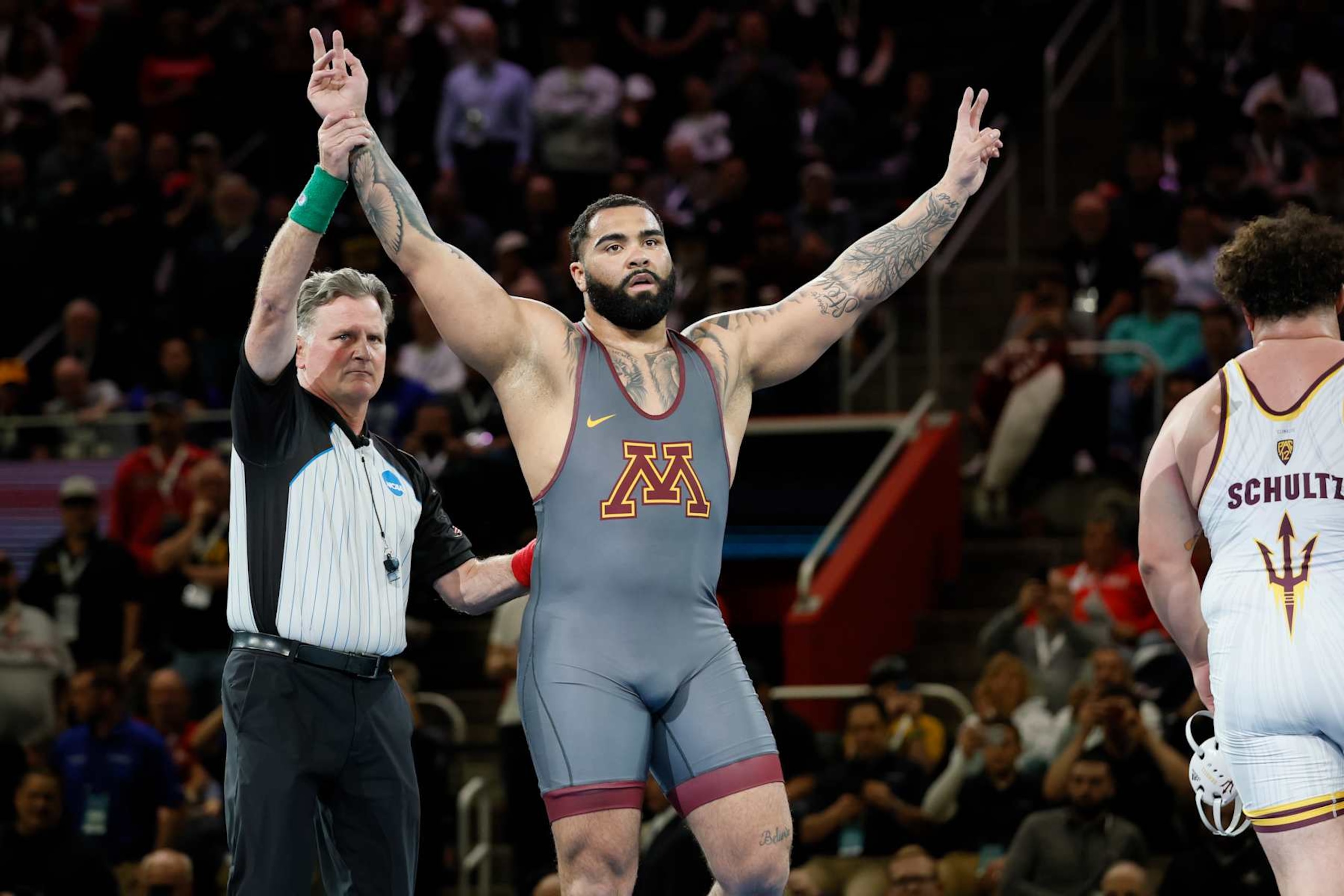 DETROIT, MI - MARCH 19: Gable Steveson of the Minnesota Golden Gophers defeats Cohlton Schultz of the Arizona State Sun Devils in the 285-pound final match during the Division I Mens Wrestling Championship held at Little Caesars Arena on March 19, 2022 in Detroit, Michigan. (Photo by Jay LaPrete/NCAA Photos/NCAA Photos via Getty Images)