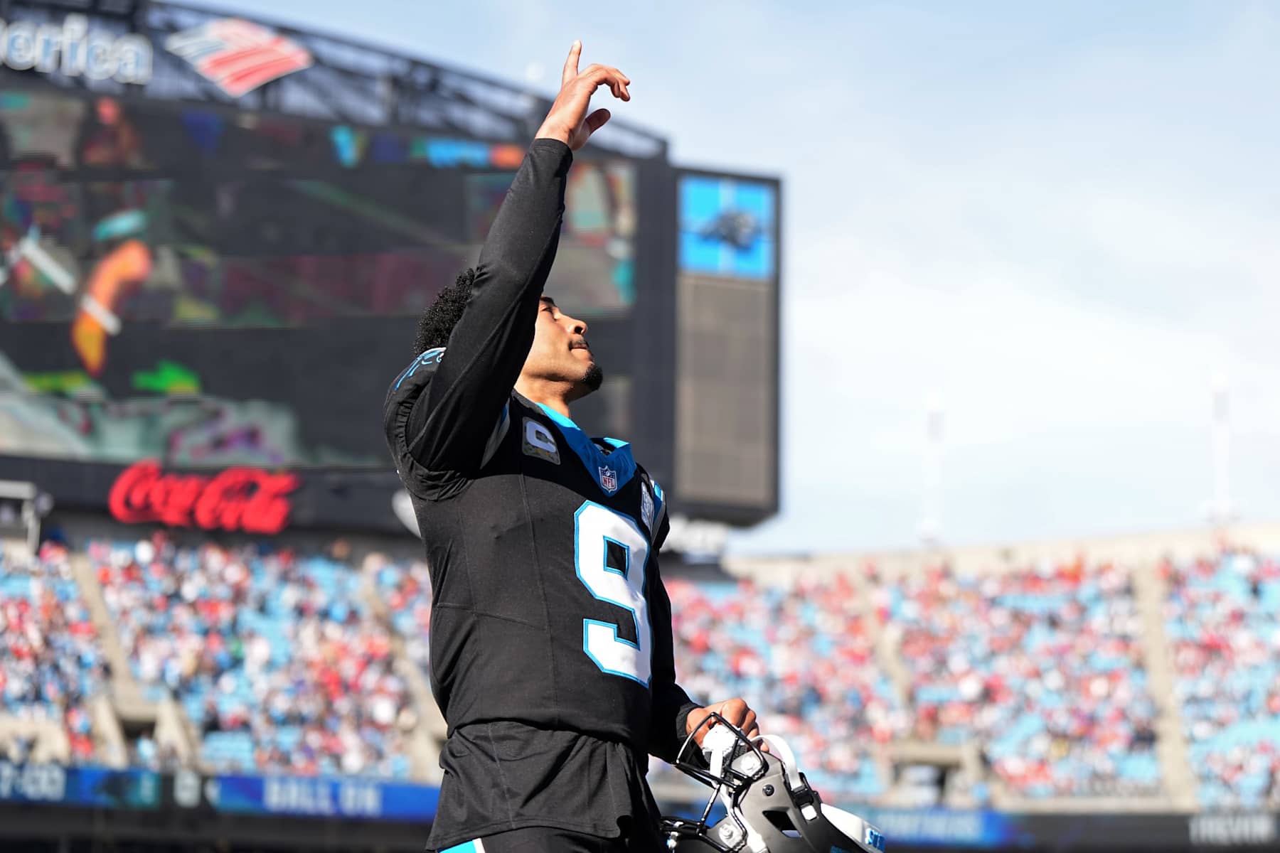 CHARLOTTE, NORTH CAROLINA - NOVEMBER 24: Quarterback Bryce Young #9 of the Carolina Panthers takes the field prior to a game against the Kansas City Chiefs at Bank of America Stadium on November 24, 2024 in Charlotte, North Carolina. (Photo by Matt Kelley/Getty Images)