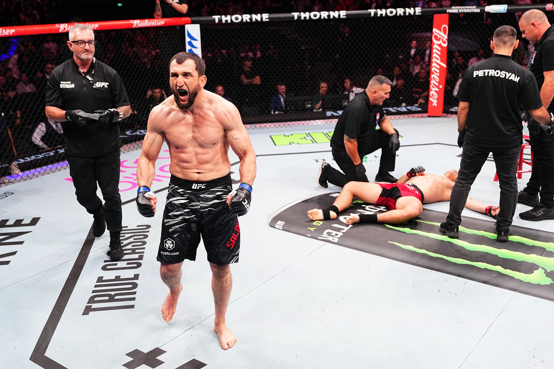 Muslim Salikhov reacts after his KO victory over Song Kenan 