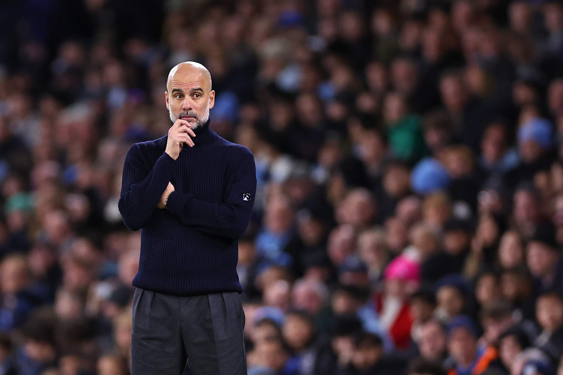 MANCHESTER, ENGLAND - NOVEMBER 23: Pep Guardiola manager of Manchester City looks on during the Premier League match between Manchester City FC and Tottenham Hotspur FC at Etihad Stadium on November 23, 2024 in Manchester, England. (Photo by Robbie Jay Barratt - AMA/Getty Images)