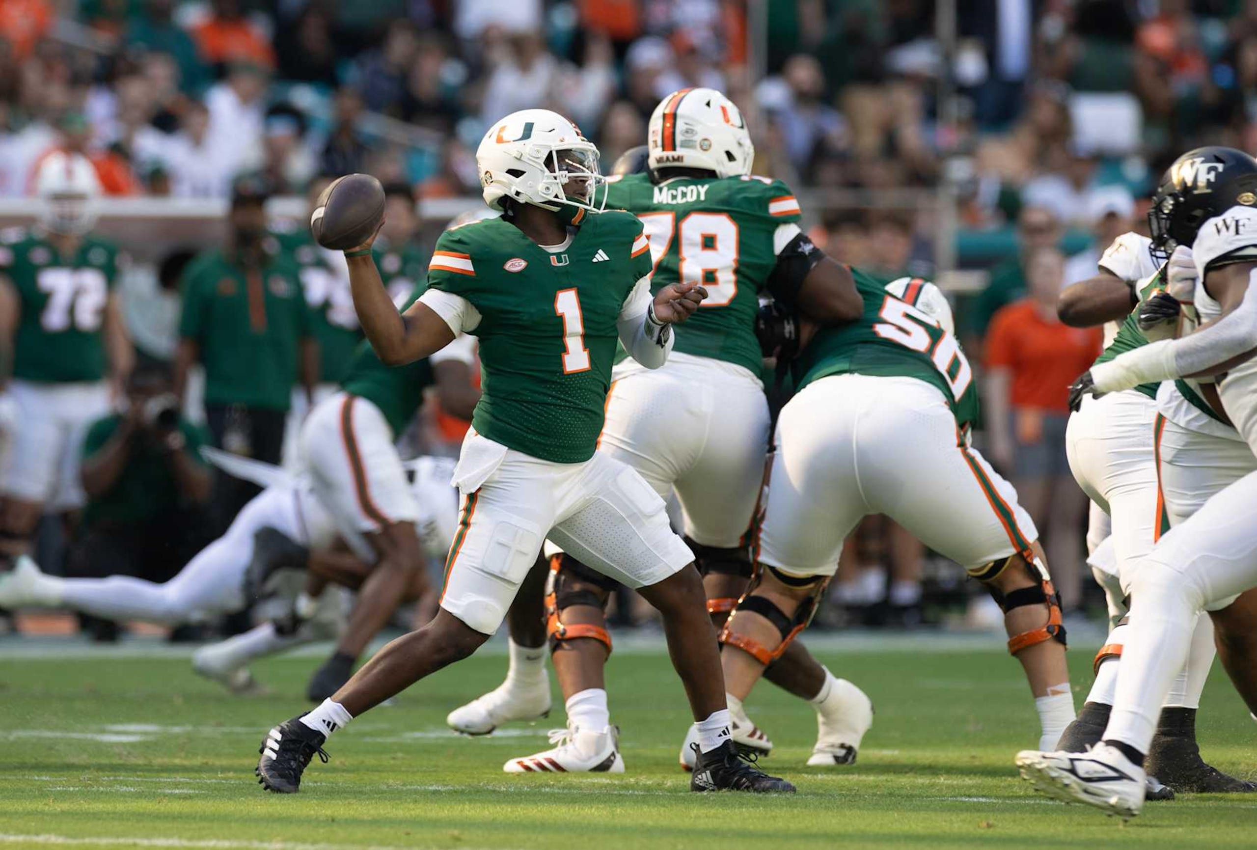 MIAMI GARDENS, FLORIDA - NOVEMBER 23: Cam Ward #1 of Miami Hurricanes throws the ball against Wake Forest at Hard Rock Stadium on November 23, 2024 in Miami Gardens, Florida. (Photo by Michael Pimentel/ISI Photos/Getty Images) MIAMI GARDENS, FLORIDA - NOVEMBER 23: Cam Ward #1 of Miami Hurricanes throws the ball against Wake Forest at Hard Rock Stadium on November 23, 2024 in Miami Gardens, Florida. (Photo by Michael Pimentel/ISI Photos/Getty Images)