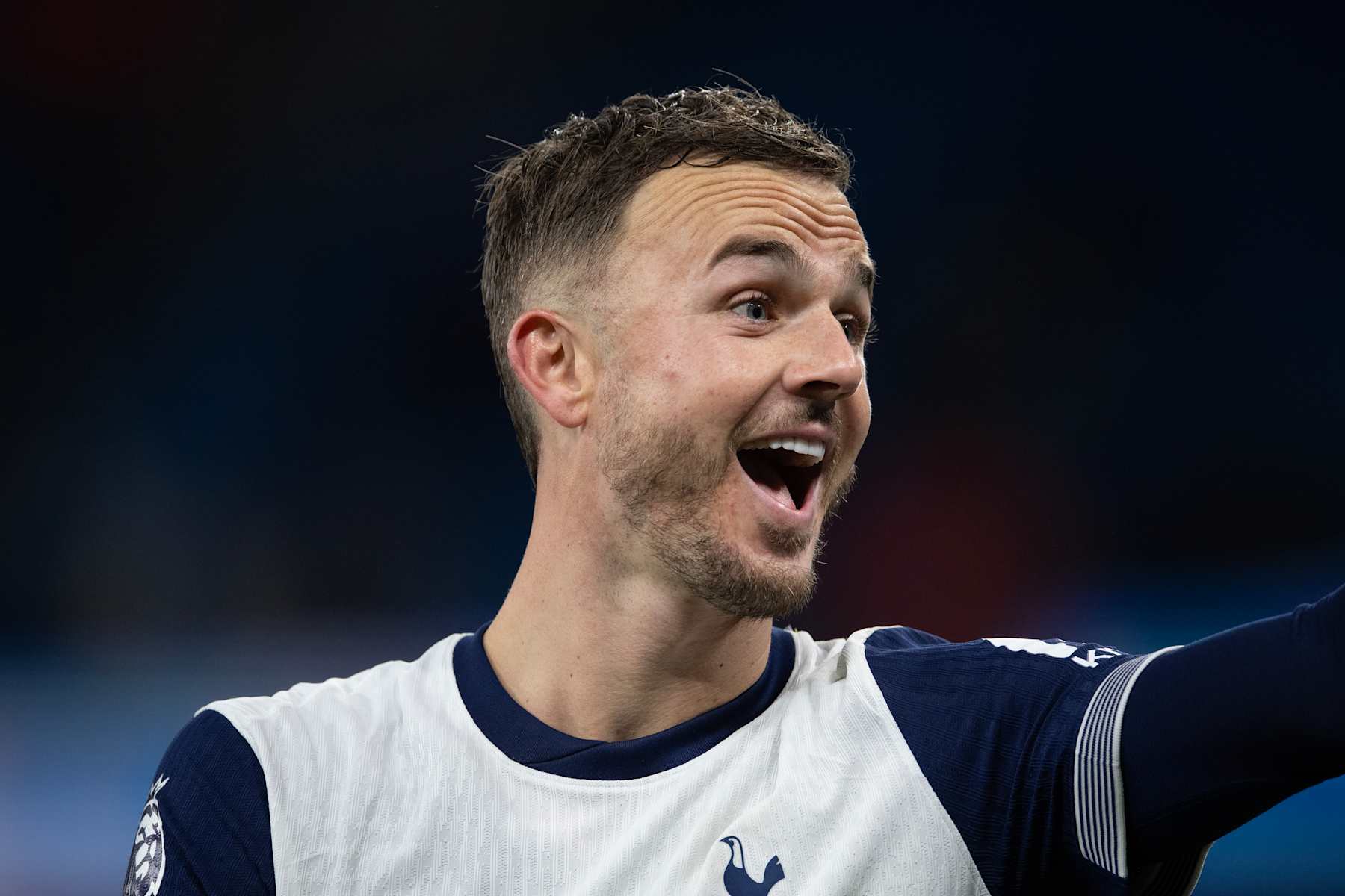 MANCHESTER, ENGLAND - NOVEMBER 23: A smiling James Maddison of Tottenham Hotspur during the Premier League match between Manchester City FC and Tottenham Hotspur FC at Etihad Stadium on November 23, 2024 in Manchester, England. (Photo by Joe Prior/Visionhaus via Getty Images)
