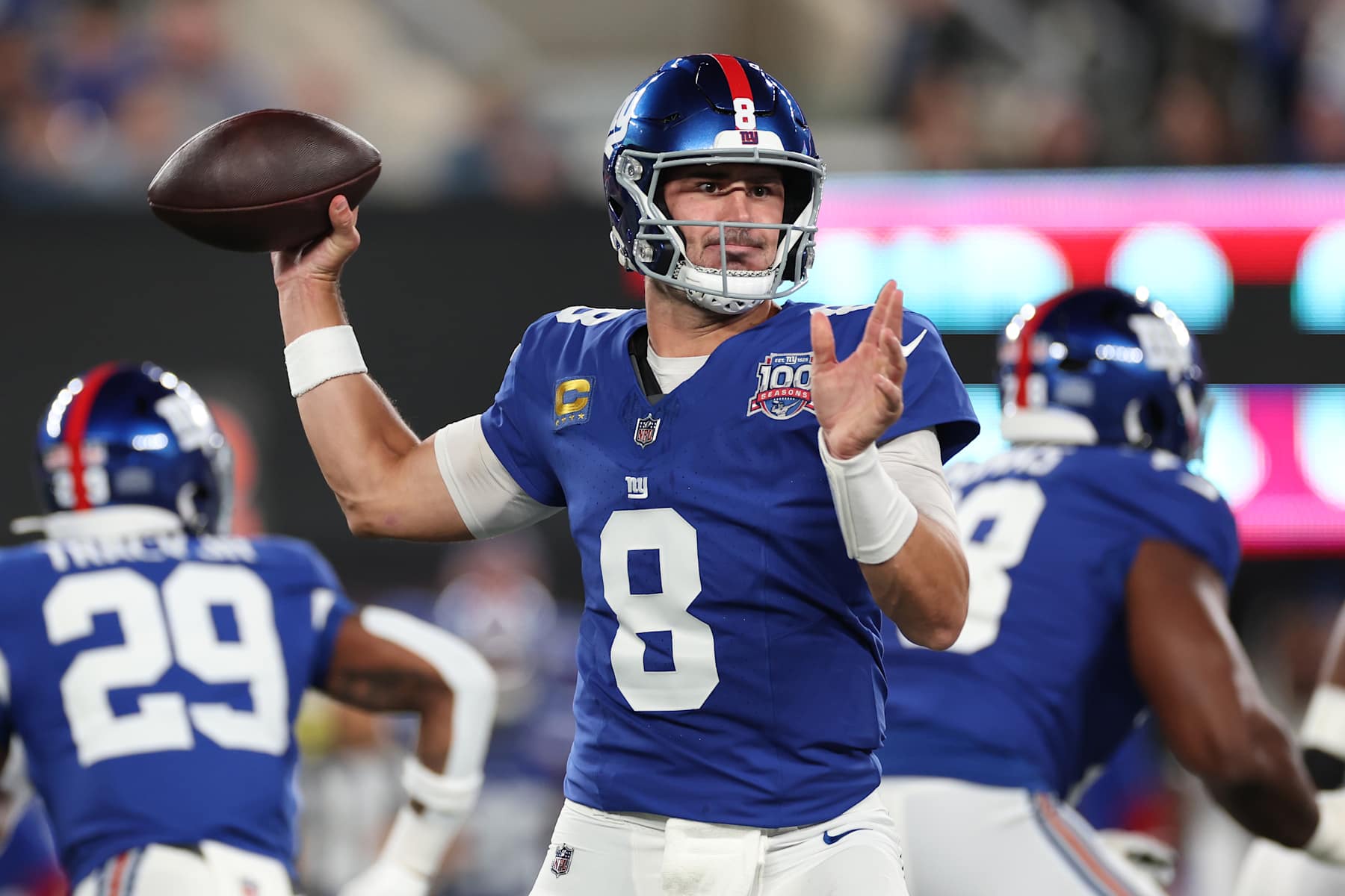 EAST RUTHERFORD, NEW JERSEY - OCTOBER 13: Daniel Jones #8 of the New York Giants throws a pass during the first half against the Cincinnati Bengals at MetLife Stadium on October 13, 2024 in East Rutherford, New Jersey. (Photo by Sarah Stier/Getty Images)