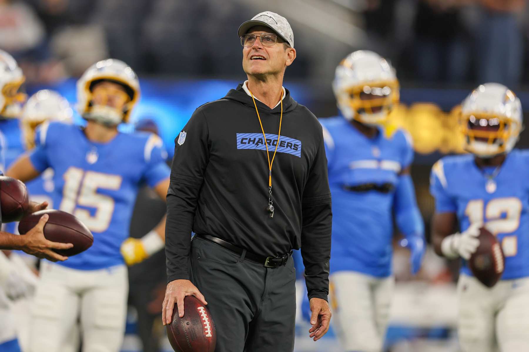 Inglewood, CA, Sunday, November 17, 2024 - Chargers head coach Jim Harbaugh during pregame warmups before a game against the Cincinnati Bengals at SoFi Stadium. (Robert Gauthier/Los Angeles Times via Getty Images)