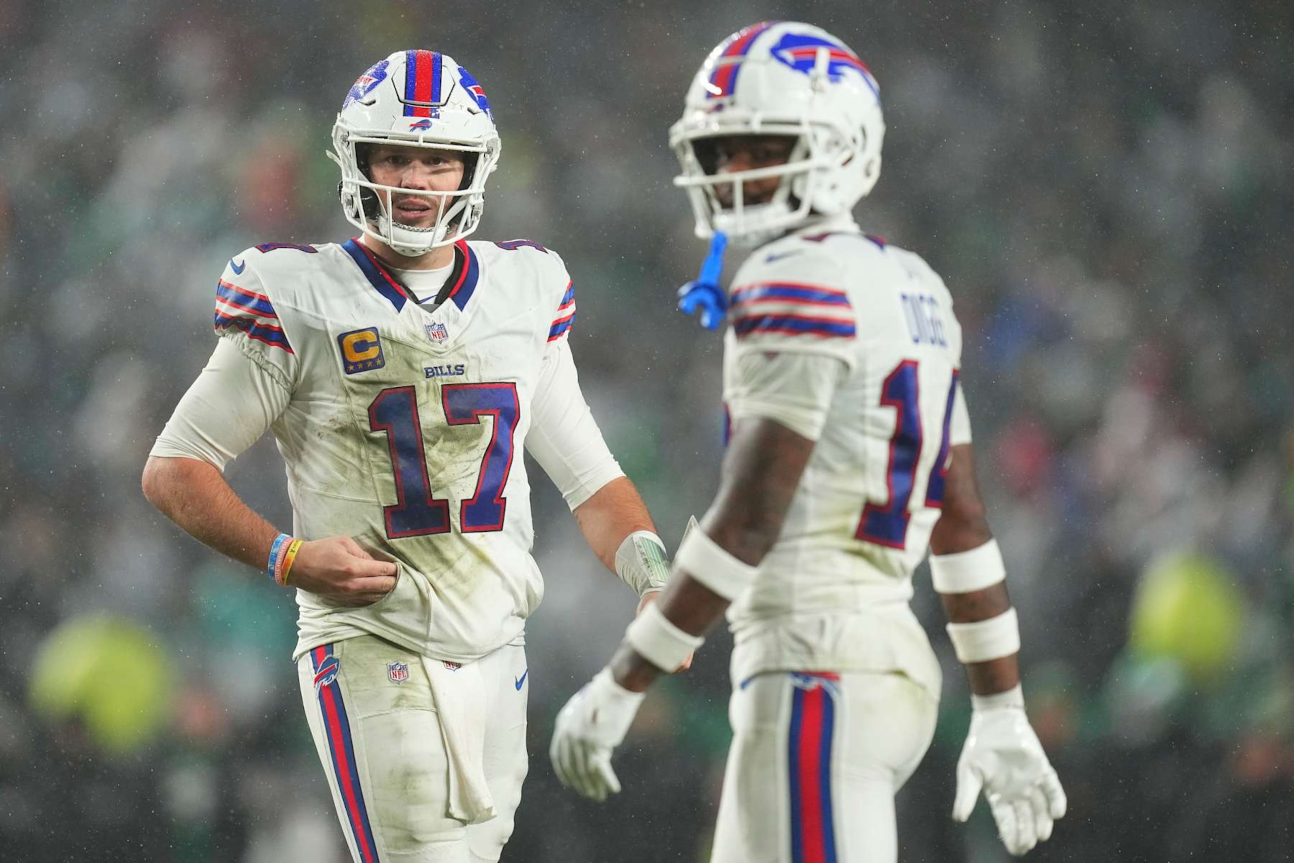 PHILADELPHIA, PENNSYLVANIA - NOVEMBER 26: Josh Allen #17 and Stefon Diggs #14 of the Buffalo Bills look on against the Philadelphia Eagles at Lincoln Financial Field on November 26, 2023 in Philadelphia, Pennsylvania. (Photo by Mitchell Leff/Getty Images)
