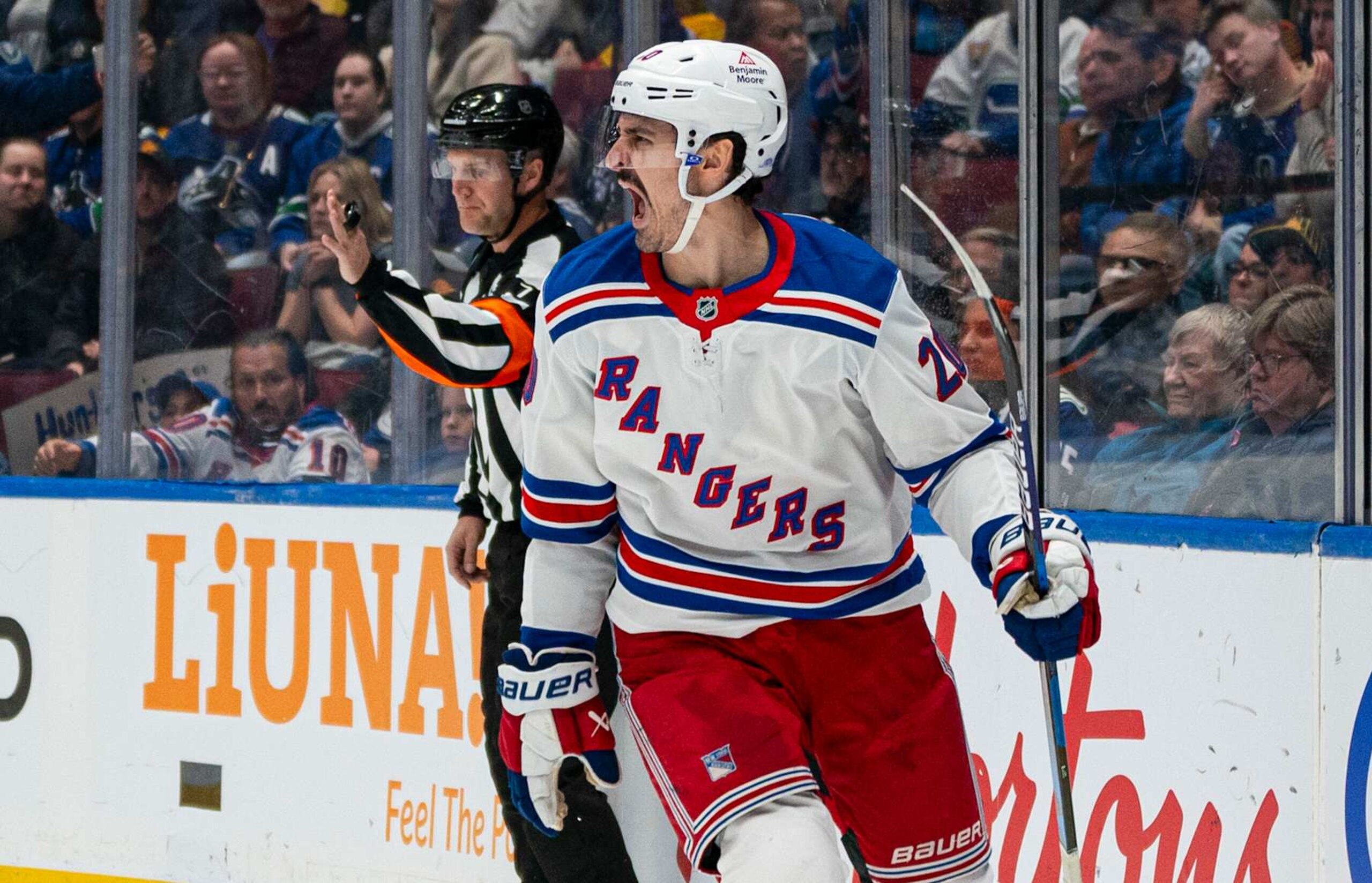 VANCOUVER, CANADA - NOVEMBER 19: Chris Kreider #20 of the New York Rangers celebrates scoring what proved to be the game-winning goal against the Vancouver Canucks during the third period on November, 19, 2024 at Rogers Arena in Vancouver, British Columbia, Canada.  (Photo by Rich Lam/Getty Images)