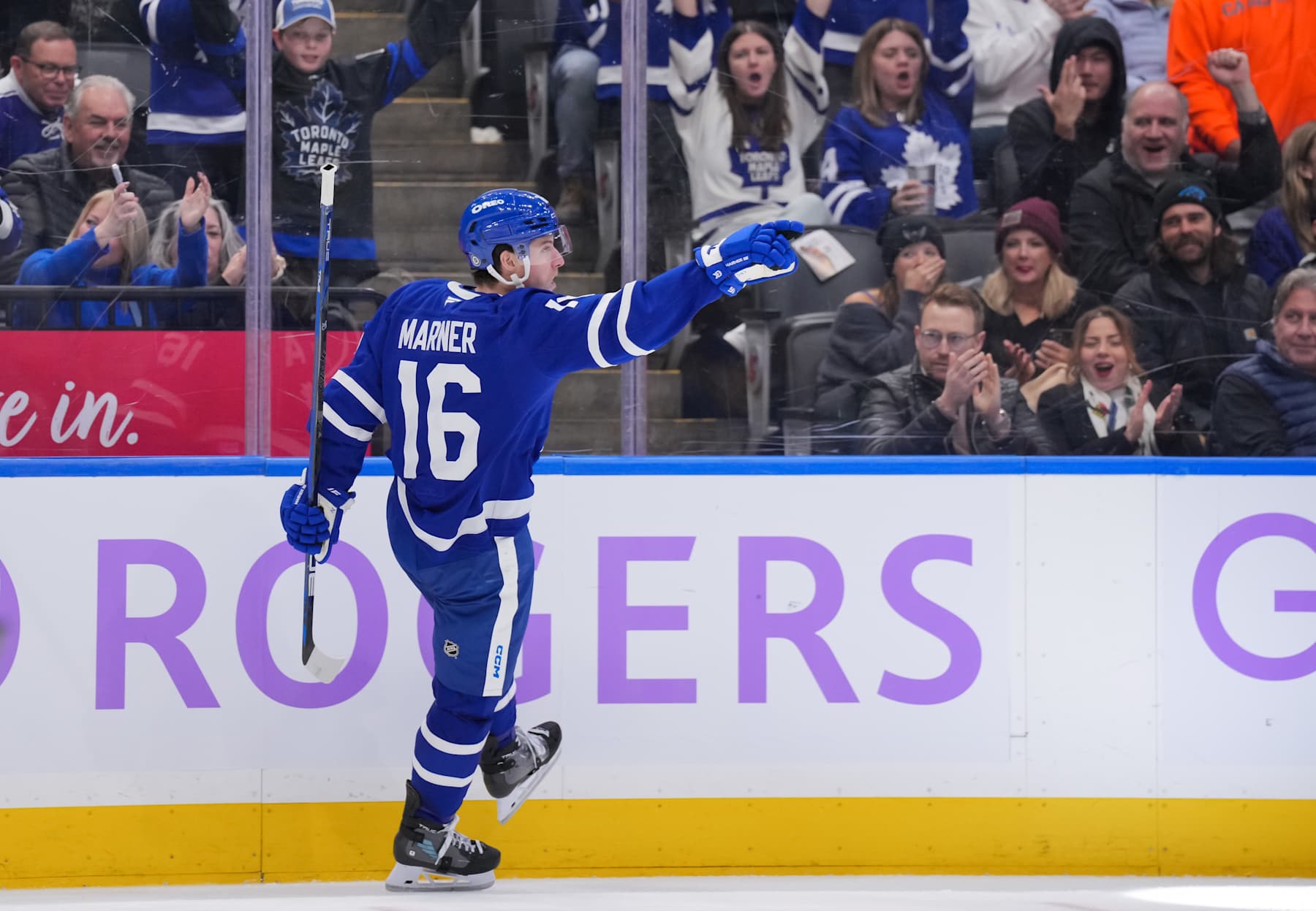 TORONTO, CANADA - NOVEMBER 24: Mitch Marner #16 of the Toronto Maple Leafs celebrates his second period goal against Utah Hockey Club at Scotiabank Arena on November 24, 2024 in Toronto, Ontario, Canada. (Photo by Chris Tanouye/Getty Images)