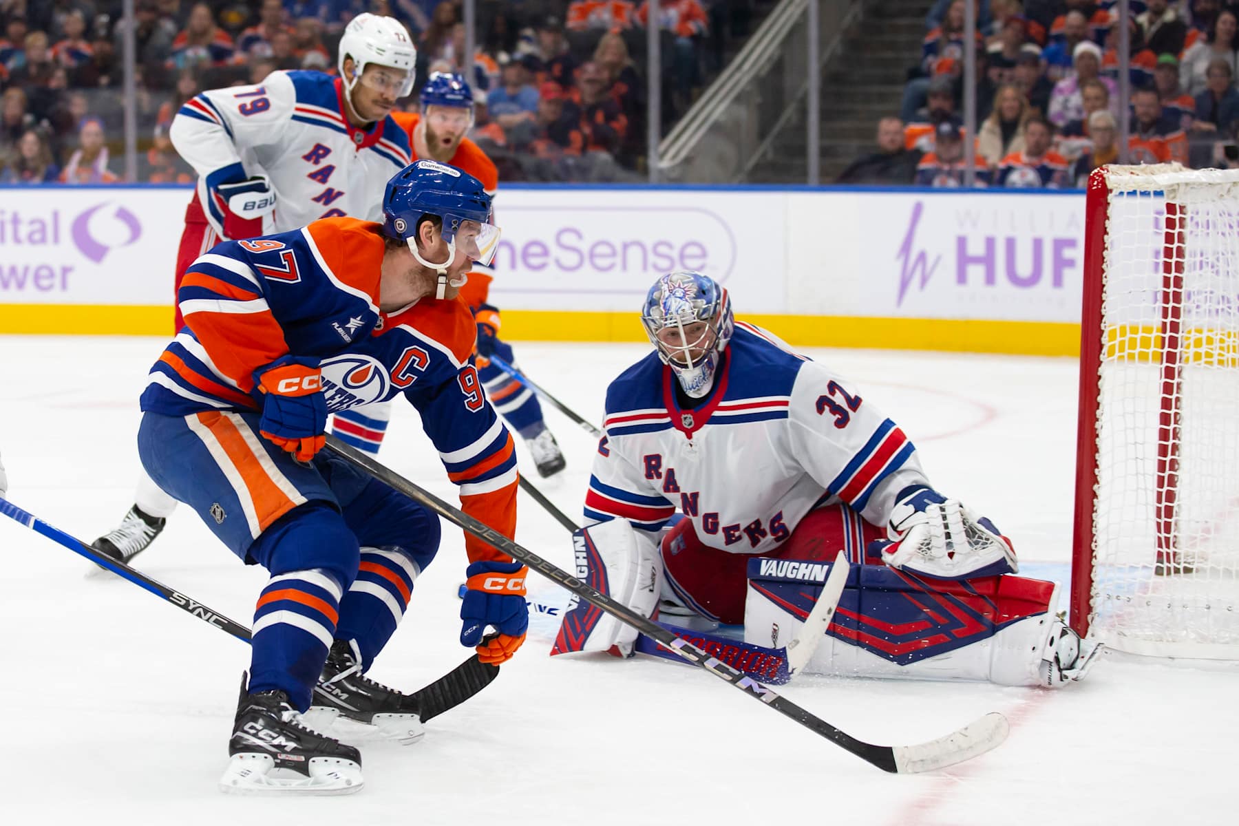 EDMONTON, CANADA - NOVEMBER 23: Connor McDavid #97 of the Edmonton Oilers skates in on goaltender Jonathan Quick #32 of the New York Rangers during the second period at Rogers Place on November 23, 2024 in Edmonton, Canada. (Photo by Codie McLachlan/Getty Images)