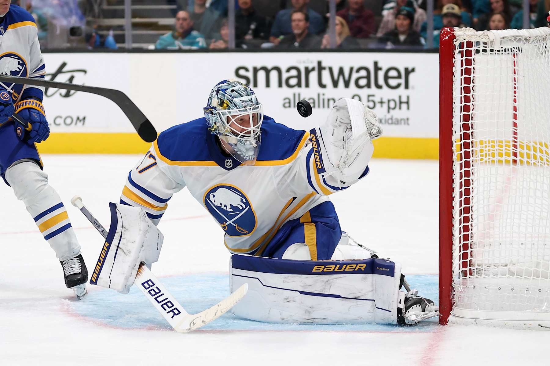 SAN JOSE, CALIFORNIA - NOVEMBER 23: James Reimer #47 of the Buffalo Sabres makes a save against the San Jose Sharks in the second period at SAP Center on November 23, 2024 in San Jose, California. (Photo by Ezra Shaw/Getty Images)