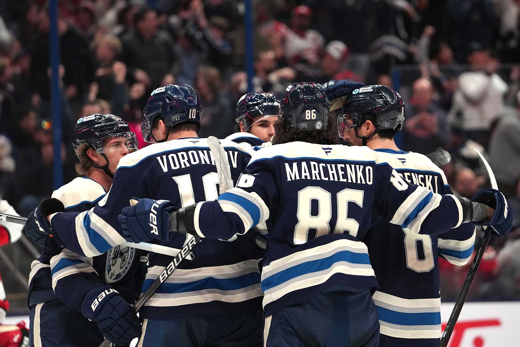 COLUMBUS, OHIO - NOVEMBER 23: Columbus Blue Jackets players celebrate a goal in the second period against the Carolina Hurricanes at Nationwide Arena on November 23, 2024 in Columbus, Ohio. (Photo by Jason Mowry/Getty Images)
