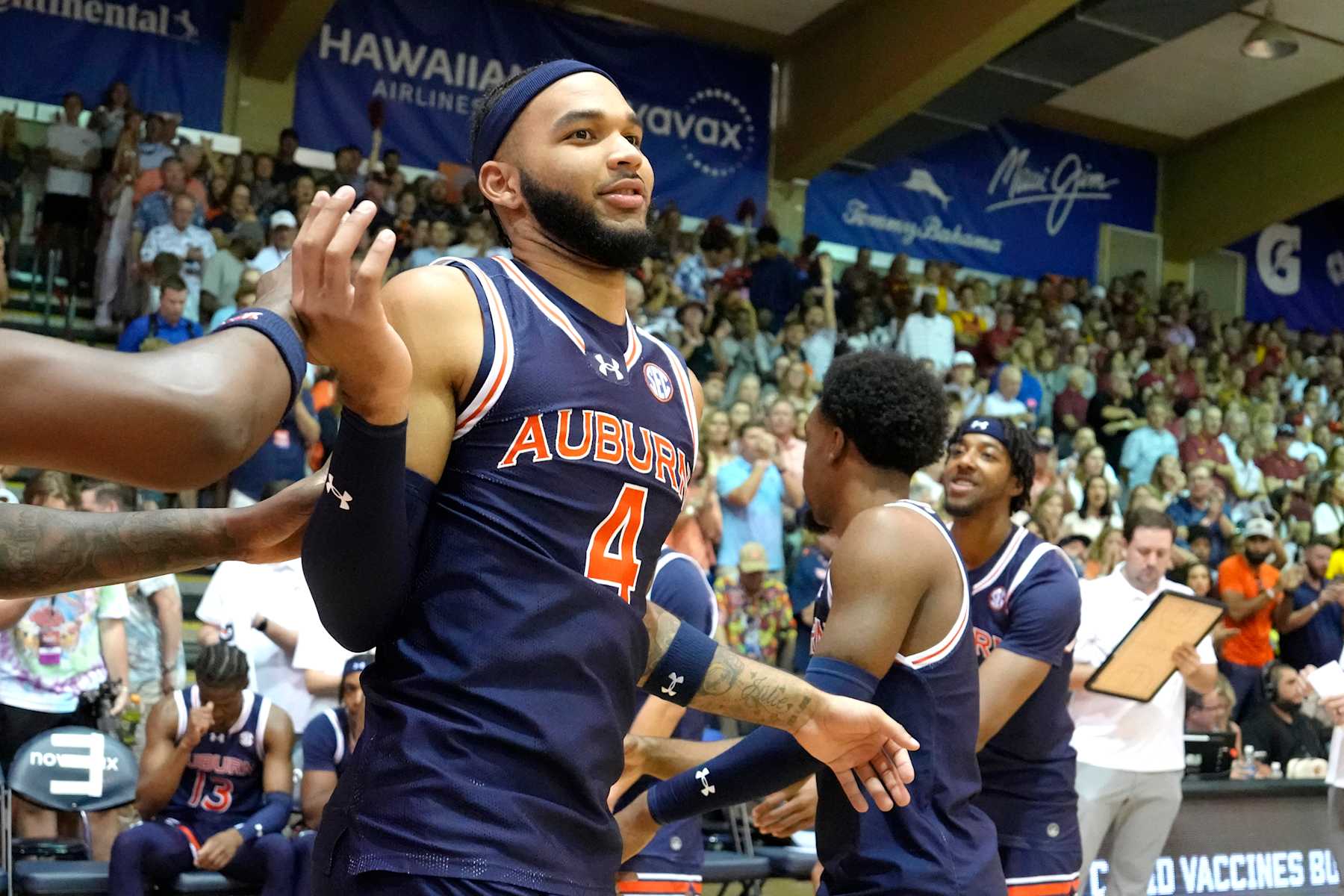LAHAINA, HI -  NOVEMBER 25:  Johni Broome #4 of the Auburn Tigers is introduced beofre the Maui Invitational college basketball game against the Iowa State Cyclones at The Lahaina Civic Center on November 25, 2024 in Lahaina, Hawaii.  (Photo by Mitchell Layton/Getty Images)