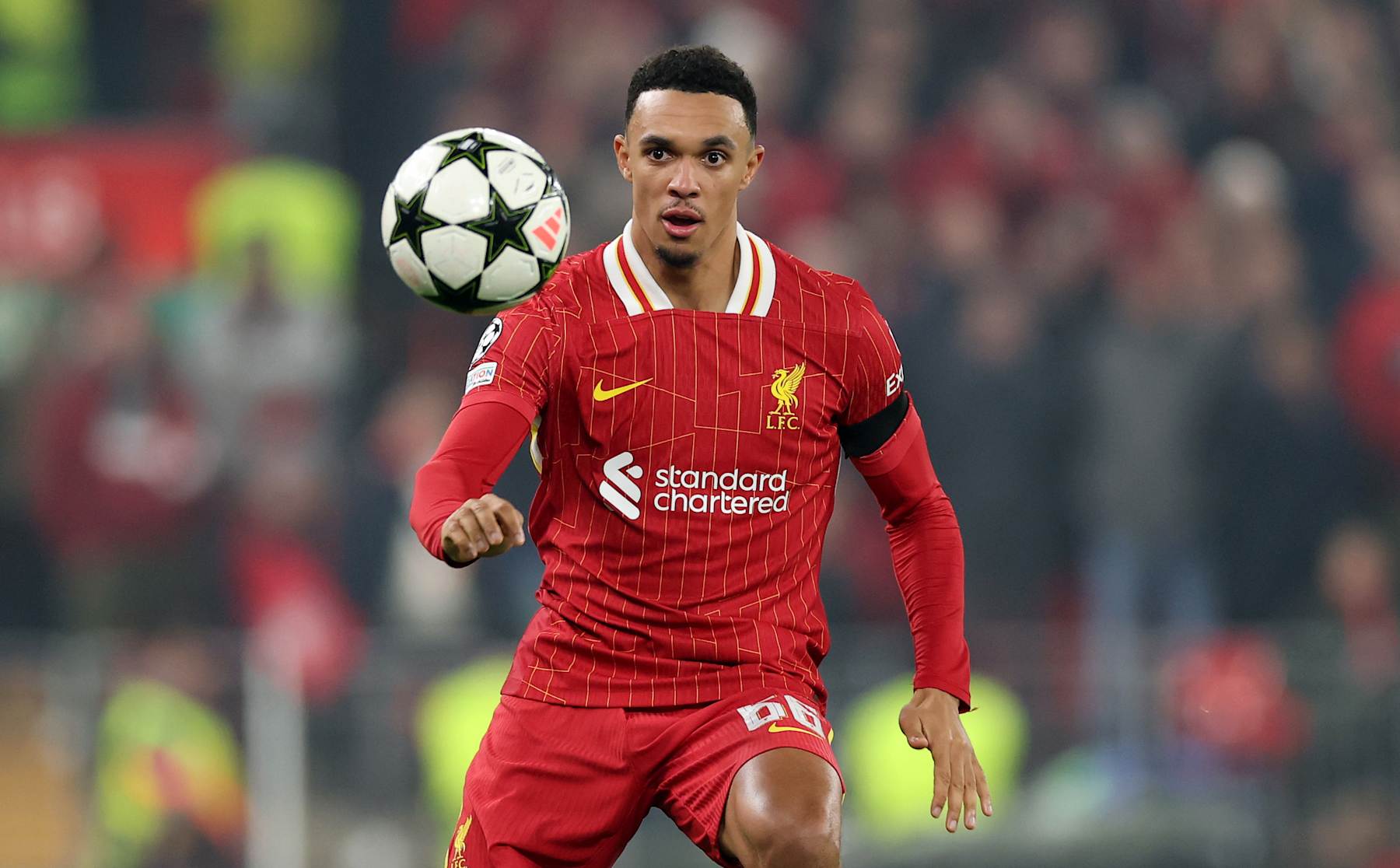 LIVERPOOL, ENGLAND - NOVEMBER 05: Liverpool's Trent Alexander-Arnold during the UEFA Champions League 2024/25 League Phase MD4 match between Liverpool FC and Bayer 04 Leverkusen at Anfield on November 05, 2024 in Liverpool, England. (Photo by Carl Recine/Getty Images)
