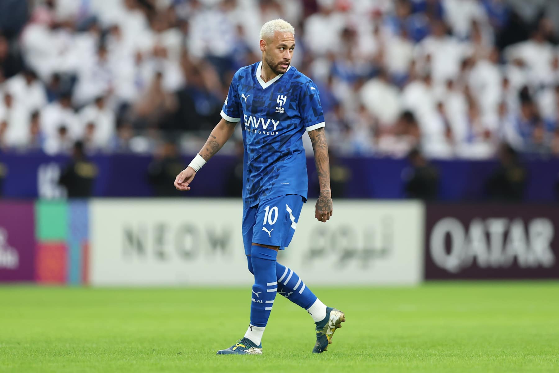 RIYADH, SAUDI ARABIA - NOVEMBER 04: Neymar of Al-Hilal looks on during the AFC Champions League Elite match between Al-Hilal and Esteghlal at Kingdom Arena on November 04, 2024 in Riyadh, Saudi Arabia. (Photo by Yasser Bakhsh/Getty Images)