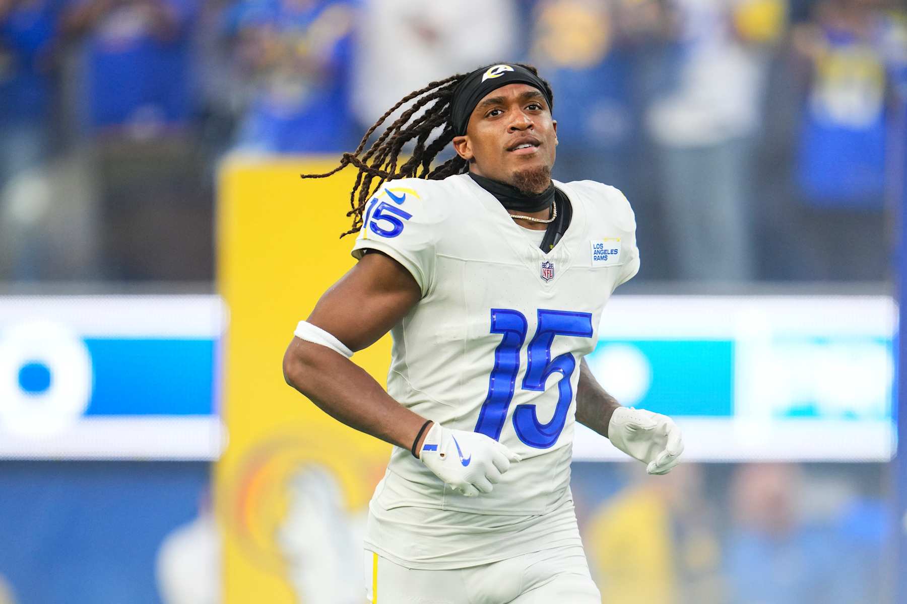 INGLEWOOD, CA - OCTOBER 24: Demarcus Robinson #15 of the Los Angeles Rams runs out of the tunnel prior to an NFL football game against the Minnesota Vikings at SoFi Stadium on October 24, 2024 in Inglewood, California. (Photo by Cooper Neill/Getty Images)