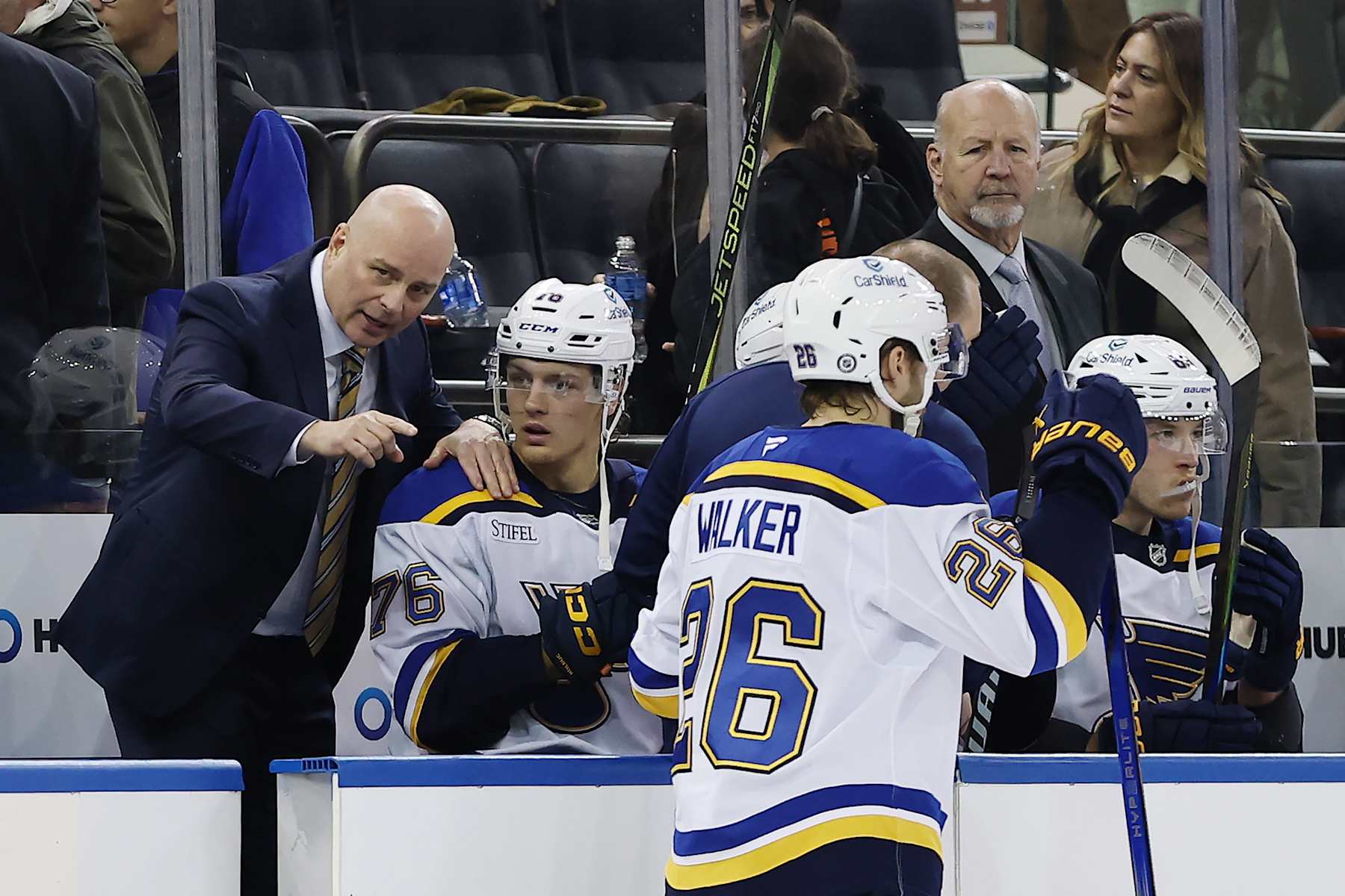 NEW YORK, NEW YORK - NOVEMBER 25: Head coach Jim Montgomery of the St. Louis Blues (L) makes his Blues coaching debut, directing his team during the second period against the New York Rangers at Madison Square Garden on November 25, 2024 in New York City. (Photo by Sarah Stier/Getty Images)