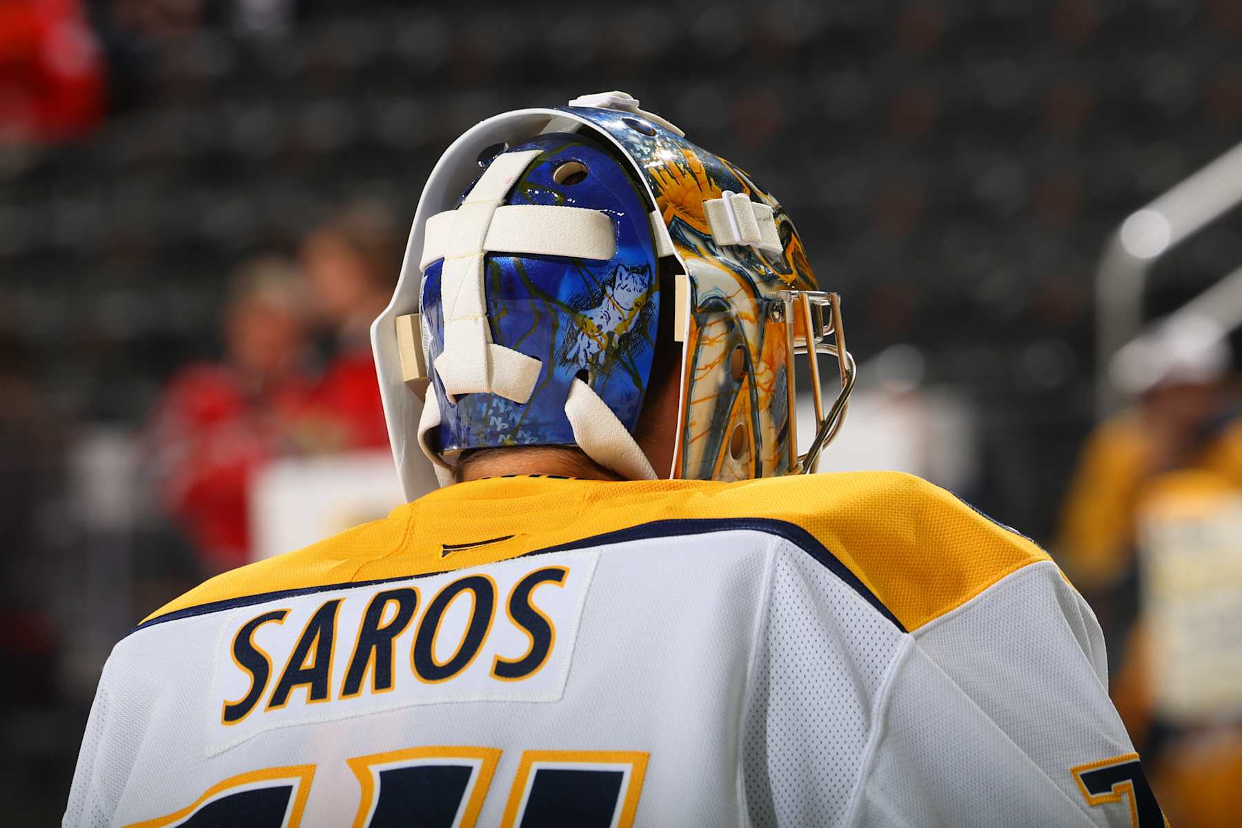 NEWARK, NJ - NOVEMBER 25: Juuse Saros #74 of the Nashville Predators warms up prior to the game against the New Jersey Devils at the Prudential Center on November 25, 2024 in Newark, New Jersey. (Photo by Rich Graessle/NHLI via Getty Images)