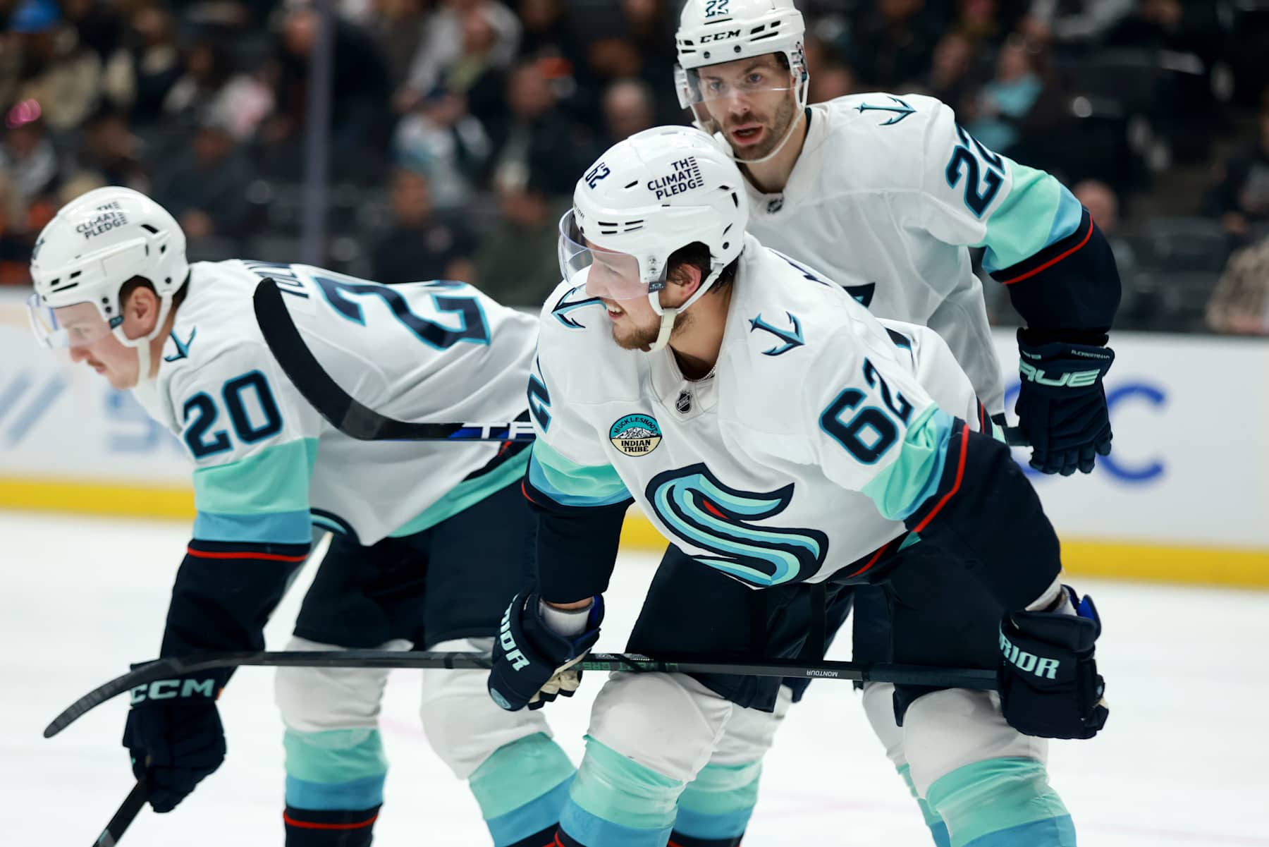 ANAHEIM, CALIFORNIA - NOVEMBER 25: Brandon Montour #62 of the Seattle Kraken prepares for the face-off in the second period during the game against the Anaheim Ducks at Honda Center on November 25, 2024 in Anaheim, California. (Photo by Nicole Vasquez/NHLI via Getty Images)