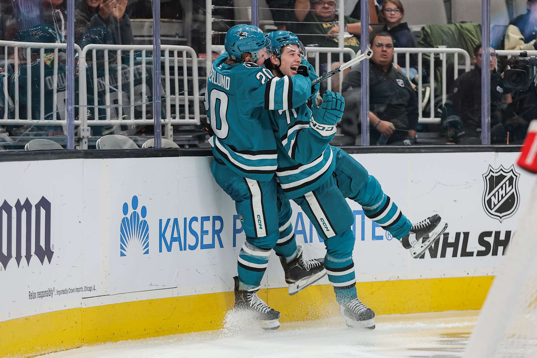 SAN JOSE, CANOVEMBER 25: Macklin Celebrini #71 and Fabian Zetterlund #20 of the San Jose Sharks celebrate after scoring a goal in the third period of a game against the Los Angeles King at SAP Center on November 25, 2024 (Photo by Panayiota Good/NHLI via Getty Images)