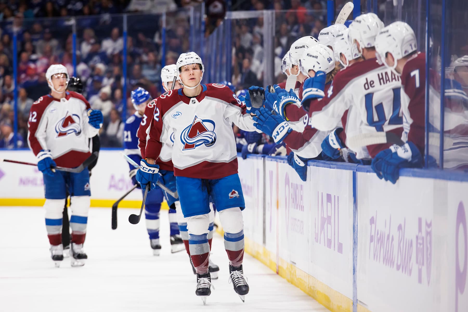 TAMPA, FL - NOVEMBER 25: Ivan Ivan #82 of the Colorado Avalanche celebrates a goal against the Tampa Bay Lightning at Amalie Arena on November 25, 2024 in Tampa, Florida. (Photo by Mark LoMoglio/NHLI via Getty Images)
