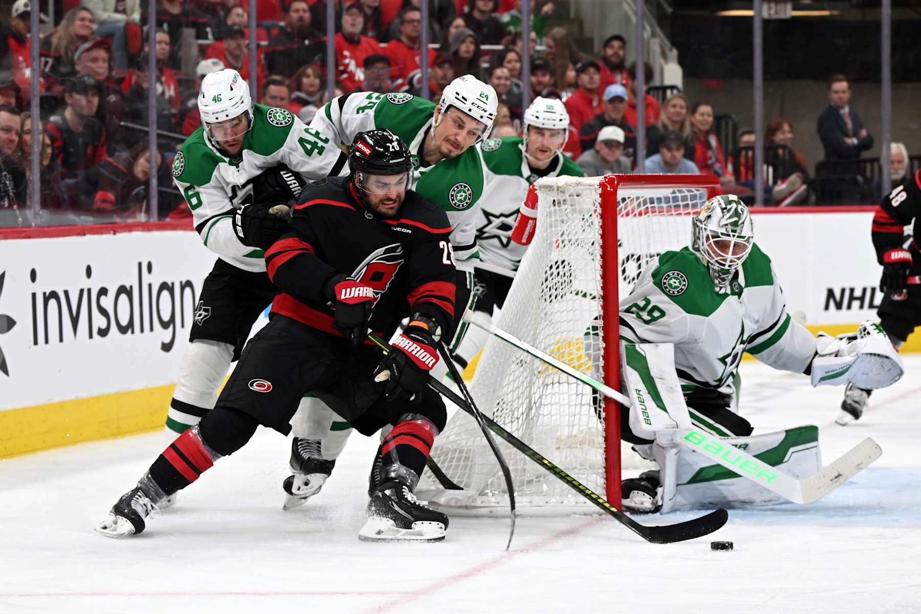 RALEIGH, NC - NOVEMBER 25: Carolina Hurricanes left wing William Carrier (28) brings the puck around the net during the NHL game between the Dallas Stars and the Carolina Hurricanes on November 25, 2024 at Lenovo Center in Raleigh, North Carolina. (Photo by Katherine Gawlik/Icon Sportswire via Getty Images)