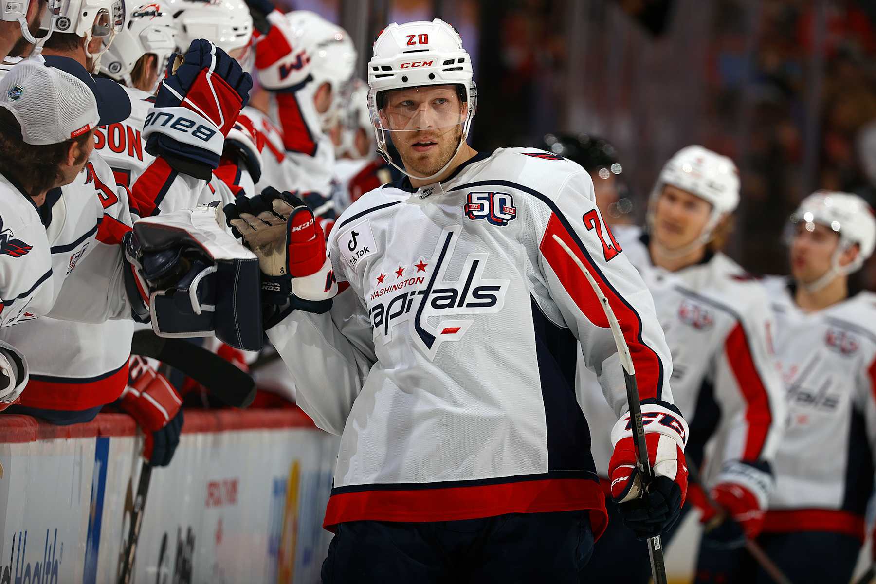 SUNRISE, FLORIDA - NOVEMBER 25: Lars Eller #20 of the Washington Capitals celebrates his goal with teammates during the first period against the Florida Panthers at the Amerant Bank Arena on November 25, 2024 in Sunrise, Florida. (Photo by Eliot J. Schechter/NHLI via Getty Images)
