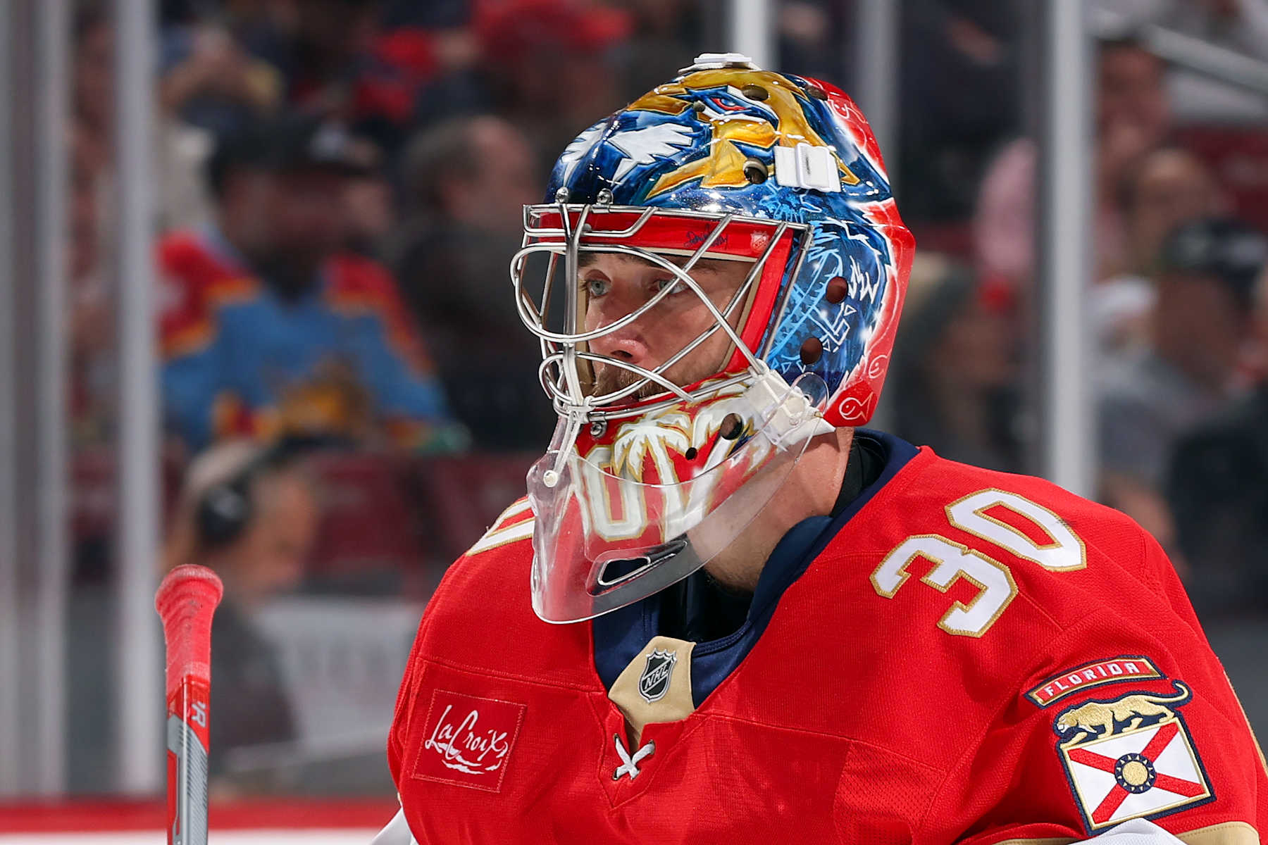 SUNRISE, FL - NOVEMBER 25: Goaltender Spencer Knight #30 of the Florida Panthers looks on during first period action against the Washington Capitals at the Amerant Bank Arena on November 25, 2024 in Sunrise, Florida. (Photo by Joel Auerbach/Getty Images)