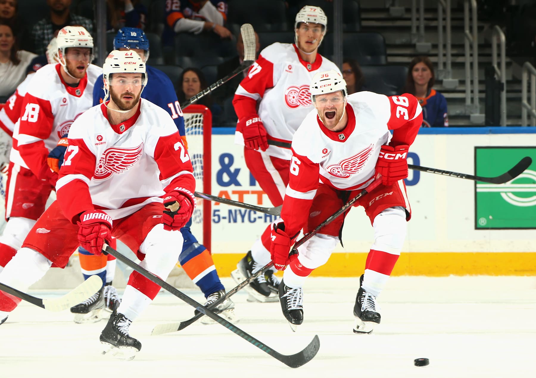 ELMONT, NEW YORK - NOVEMBER 25: Christian Fischer #36 of the Detroit Red Wings reacts after blocked a shot by the New York Islanders in the closing minute of their game at UBS Arena on November 25, 2024 in Elmont, New York. The Red Wings defeated the Islanders 4-2. (Photo by Bruce Bennett/Getty Images)