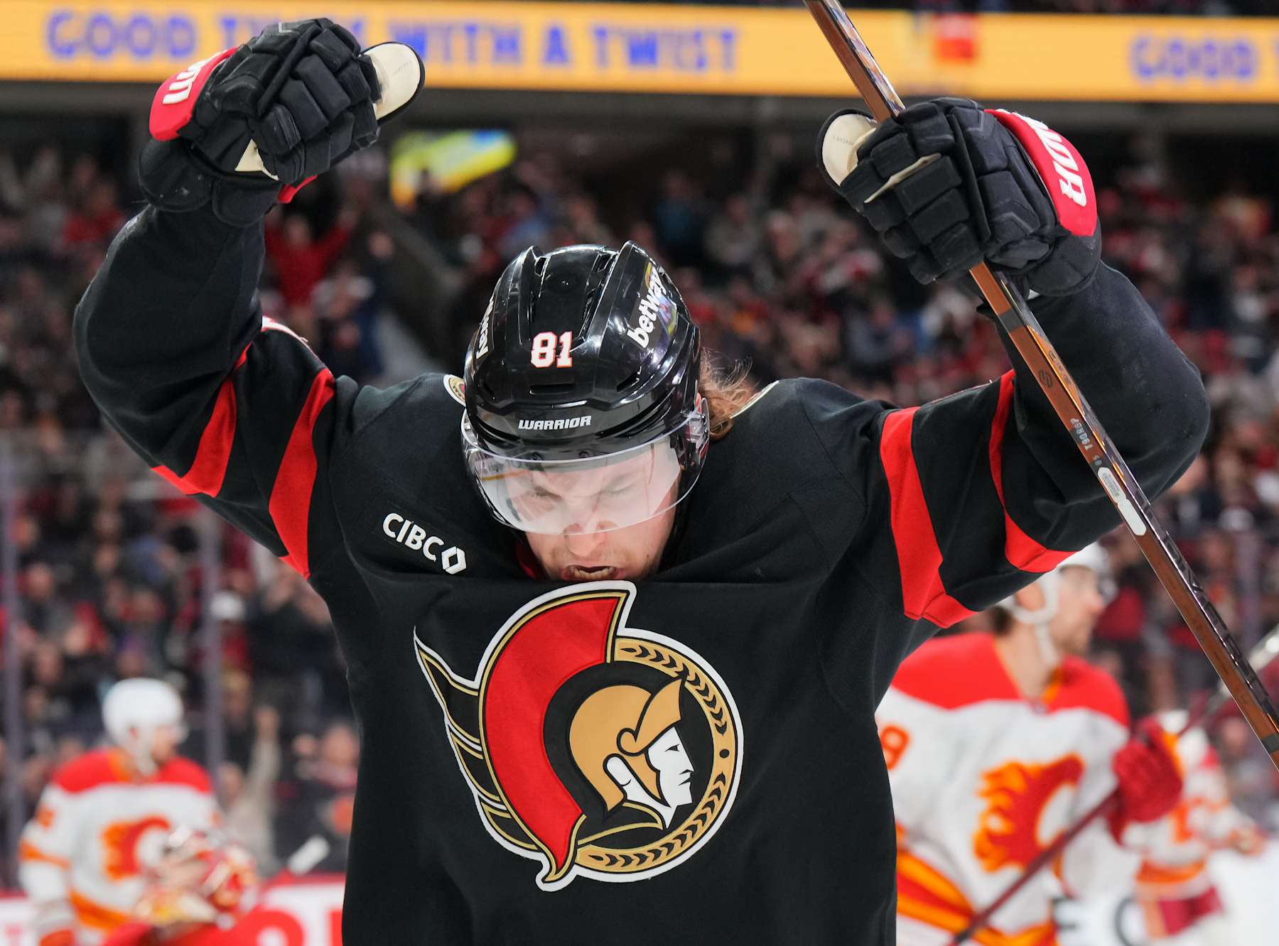 OTTAWA, ON - NOVEMBER 25: Adam Gaudette #81 of the Ottawa Senators celebrates his first period goal against the Calgary Flames at Canadian Tire Centre on November 25, 2024 in Ottawa, Ontario, Canada. (Photo by André Ringuette/NHLI via Getty Images)