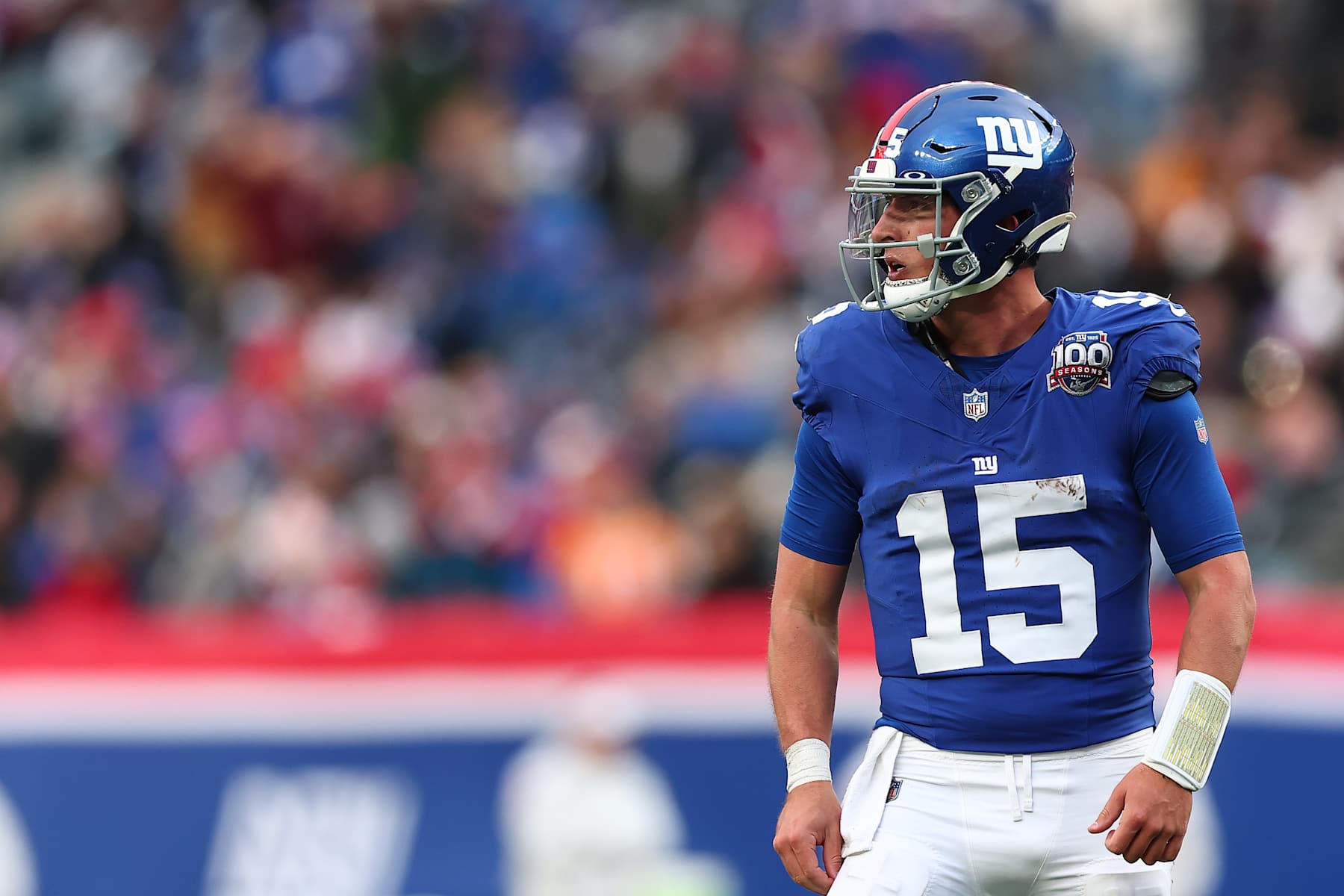 EAST RUTHERFORD, NEW JERSEY - NOVEMBER 24: Tommy DeVito #15 of the New York Giants looks on during the second half against the Tampa Bay Buccaneers at MetLife Stadium on November 24, 2024 in East Rutherford, New Jersey. (Photo by Dustin Satloff/Getty Images)